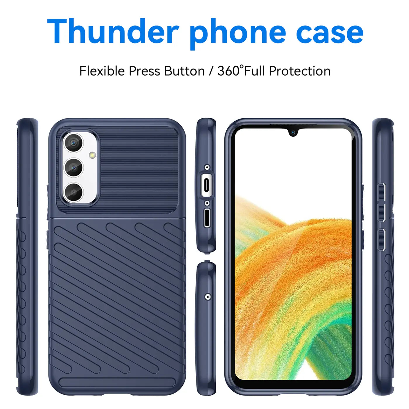 Dunkelblaue Handyhülle aus Kunststoff, verschiedene Ansichten, Samsung Galaxy A34 5G.