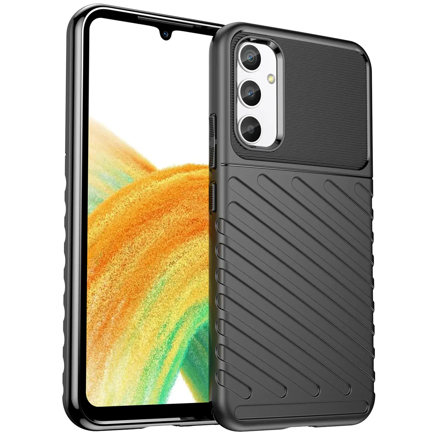 Schwarze Handyhülle aus Kunststoff mit Rillenmuster, seitliche Ansicht, Samsung Galaxy A34 5G.
