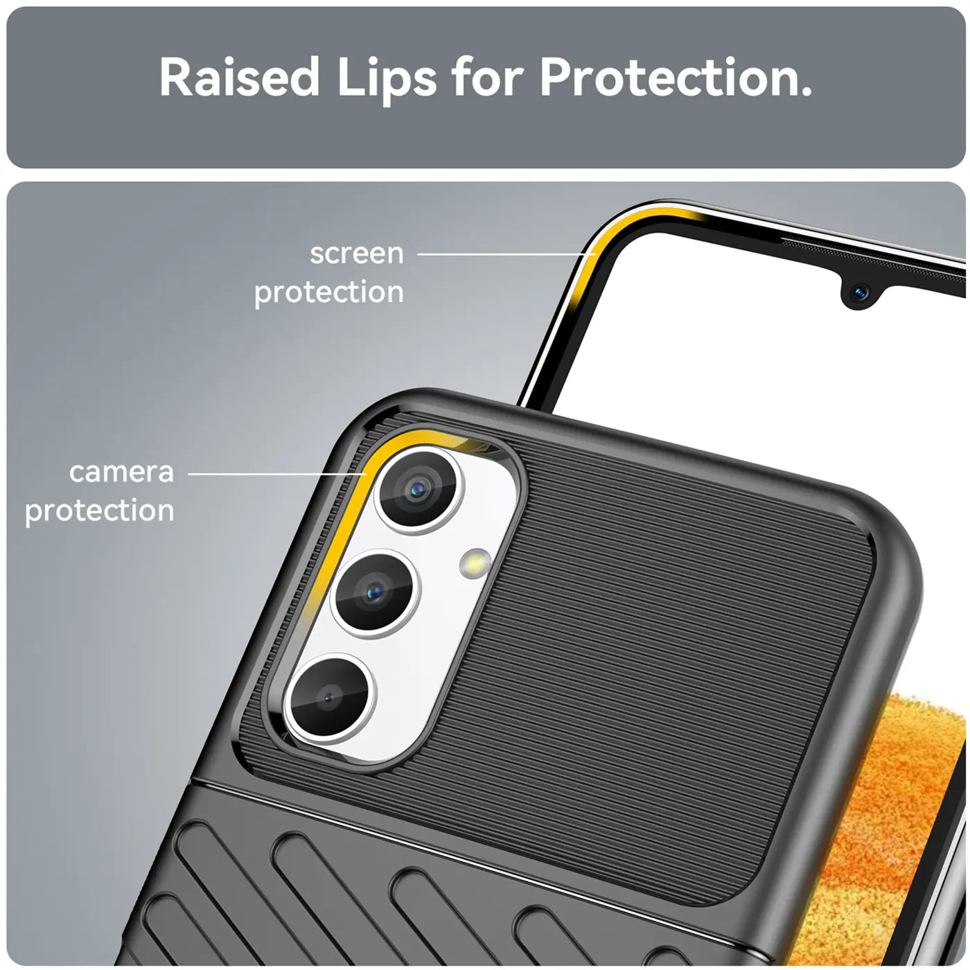 Schwarze Hülle aus Gummi/Kunststoff, Nahaufnahme der Rückseite eines Samsung Galaxy A34 5G mit Kamera- und Bildschirmschutz.