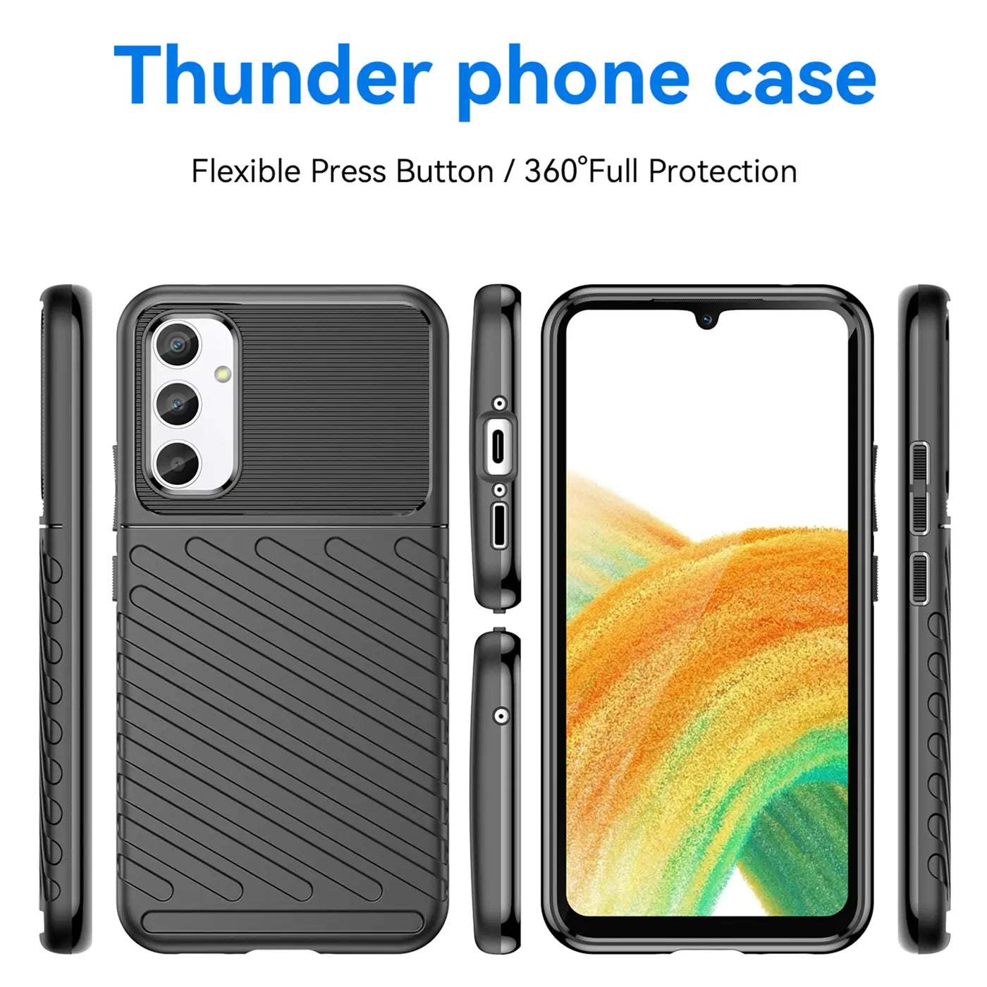 Schwarze Handyhülle aus Kunststoff für Samsung Galaxy A34 5G, verschiedene Ansichten.