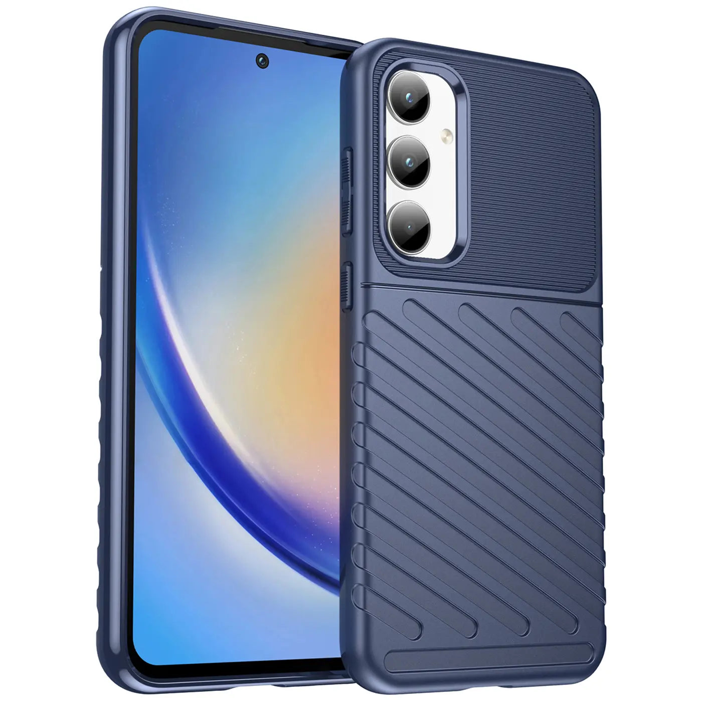 Dunkelblaue Handyhülle aus Kunststoff, schräg von vorne, mit Samsung Galaxy A35 5G.