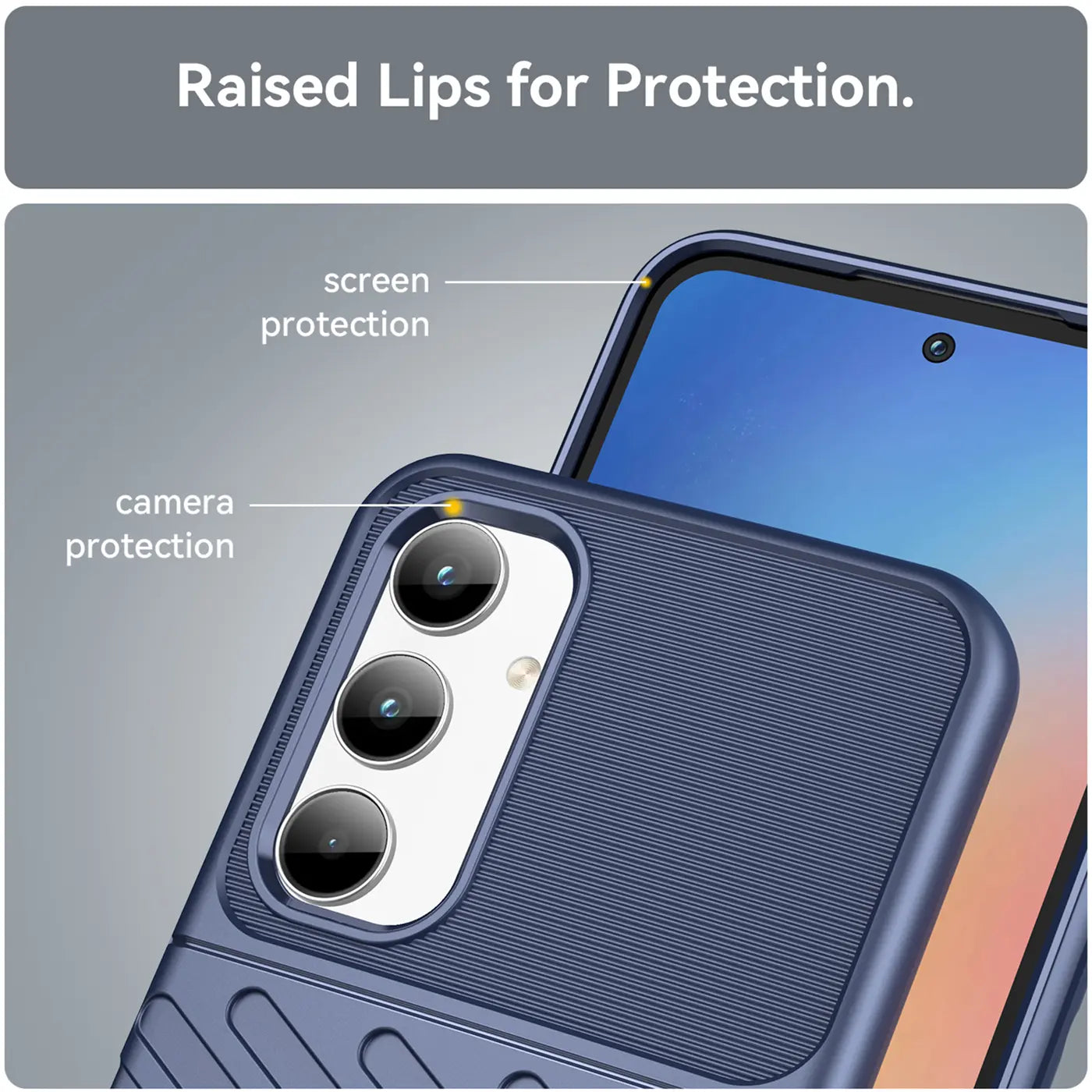 Dunkelblaue Handyhülle aus Kunststoff, Nahaufnahme der Kamera und des Bildschirms eines Samsung Galaxy A35 5G.