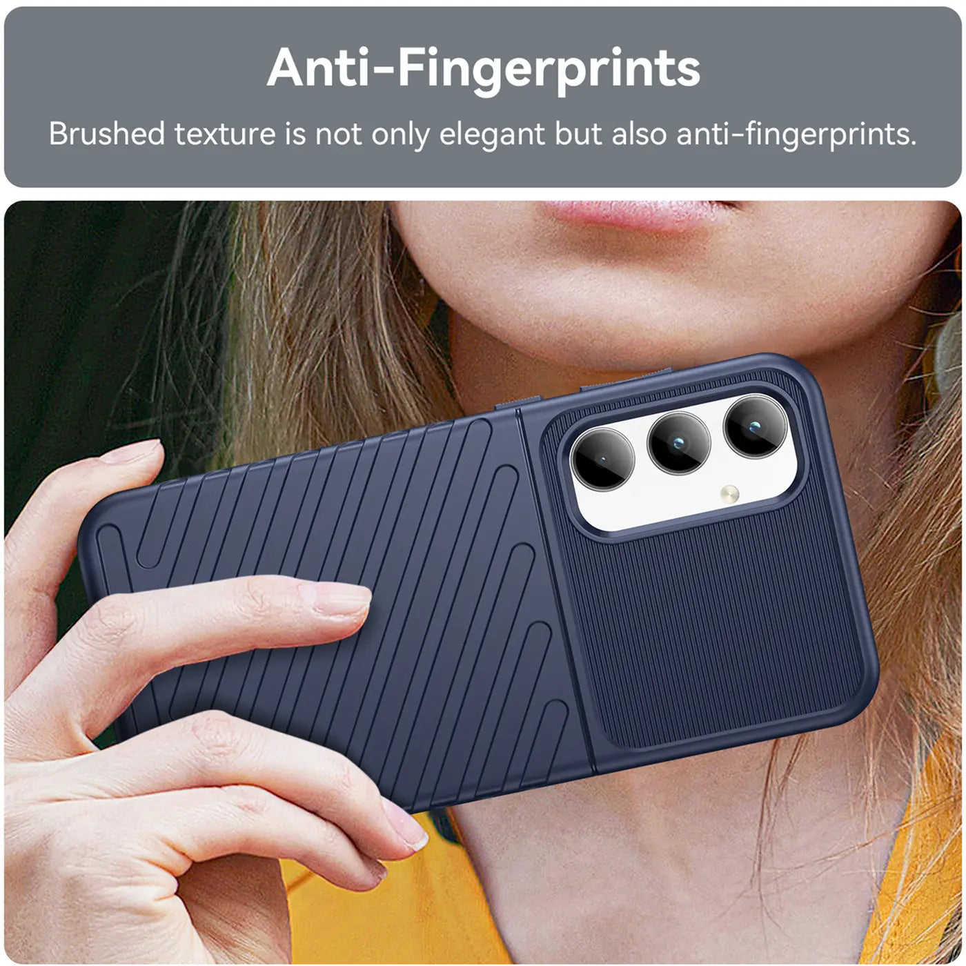 Dunkelblaue Handyhülle aus Kunststoff mit gerillter Textur, zeigt Samsung Galaxy A35 5G.