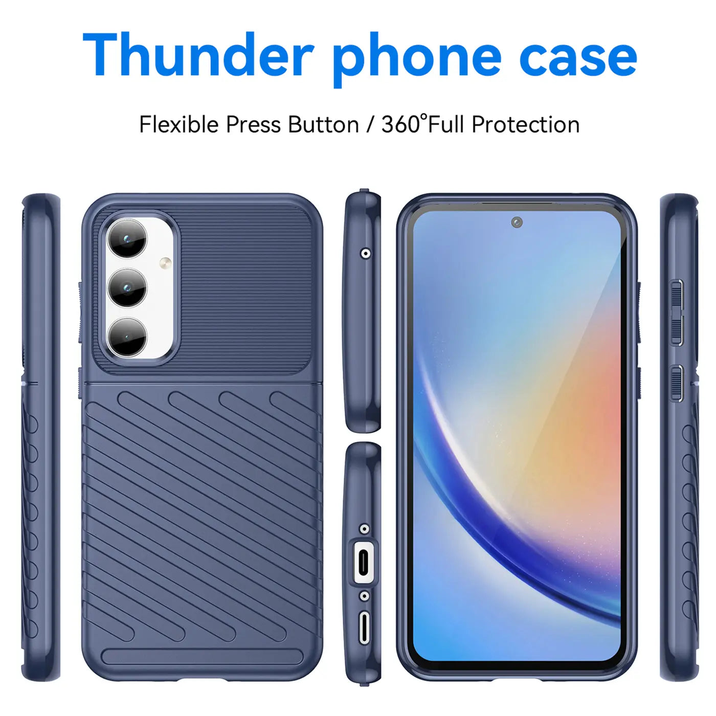 Dunkelblaue Handyhülle aus Kunststoff, Vorder- und Seitenansicht, mit Samsung Galaxy A35 5G