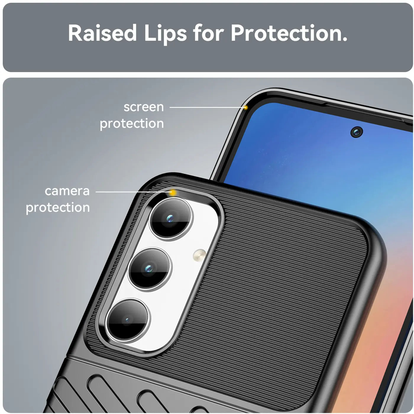 Schwarze Hülle aus Gummi/Kunststoff, Nahaufnahme, zeigt Samsung Galaxy A35 5G Kameraschutz.