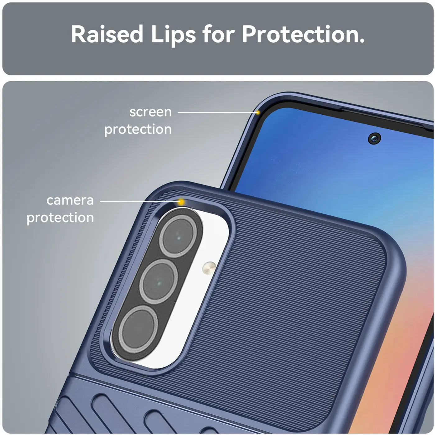 Dunkelblaue Handyhülle aus Kunststoff, Nahaufnahme, zeigt Samsung Galaxy A36 5G.