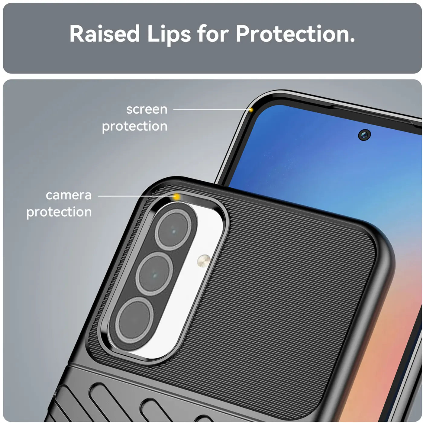 Schwarze Handyhülle aus Kunststoff mit Kamera- und Displayschutz, Nahaufnahme, Samsung Galaxy A36 5G.