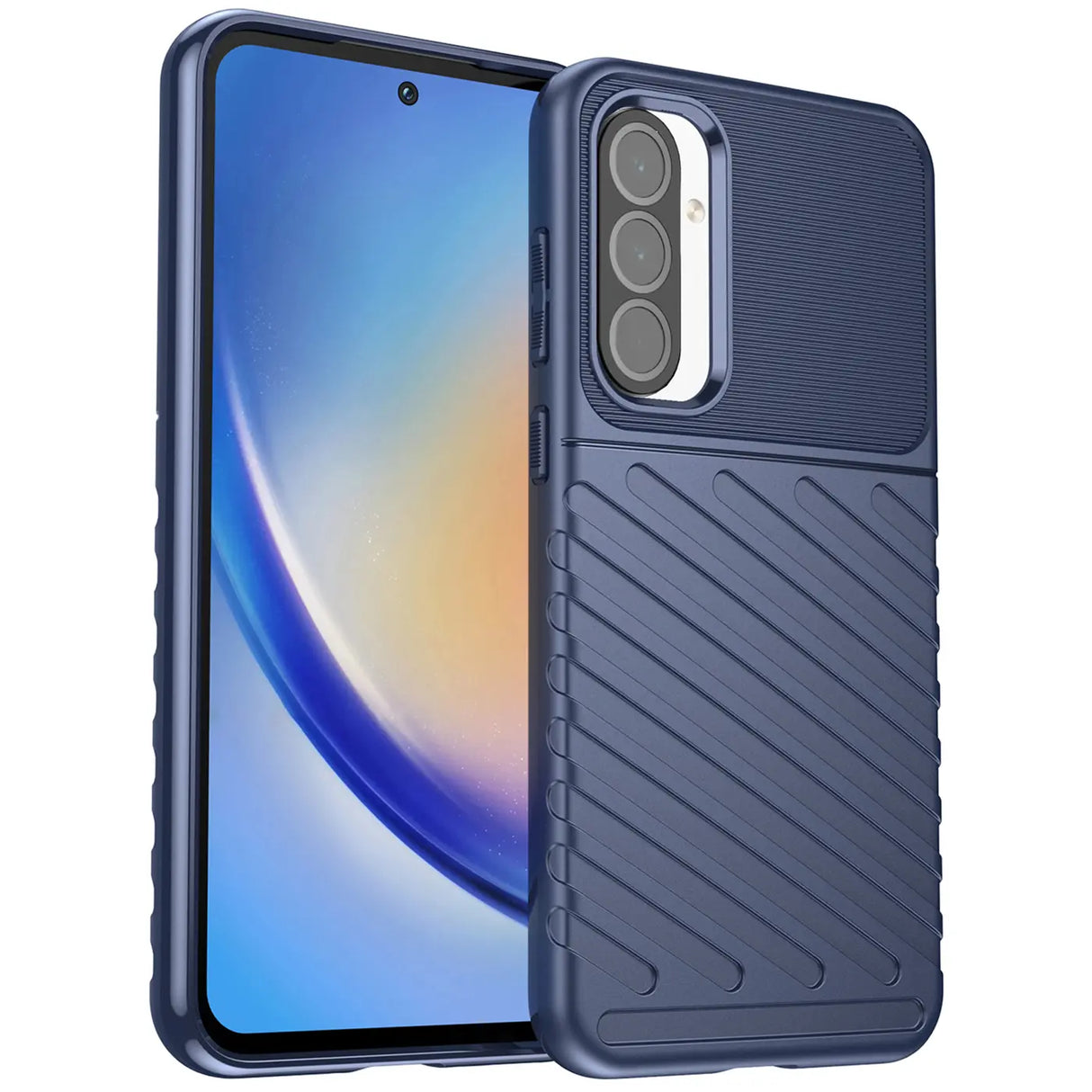 Dunkelblaue Handyhülle aus Kunststoff mit Rillenmuster, Vorderansicht, Samsung Galaxy A37 5G.