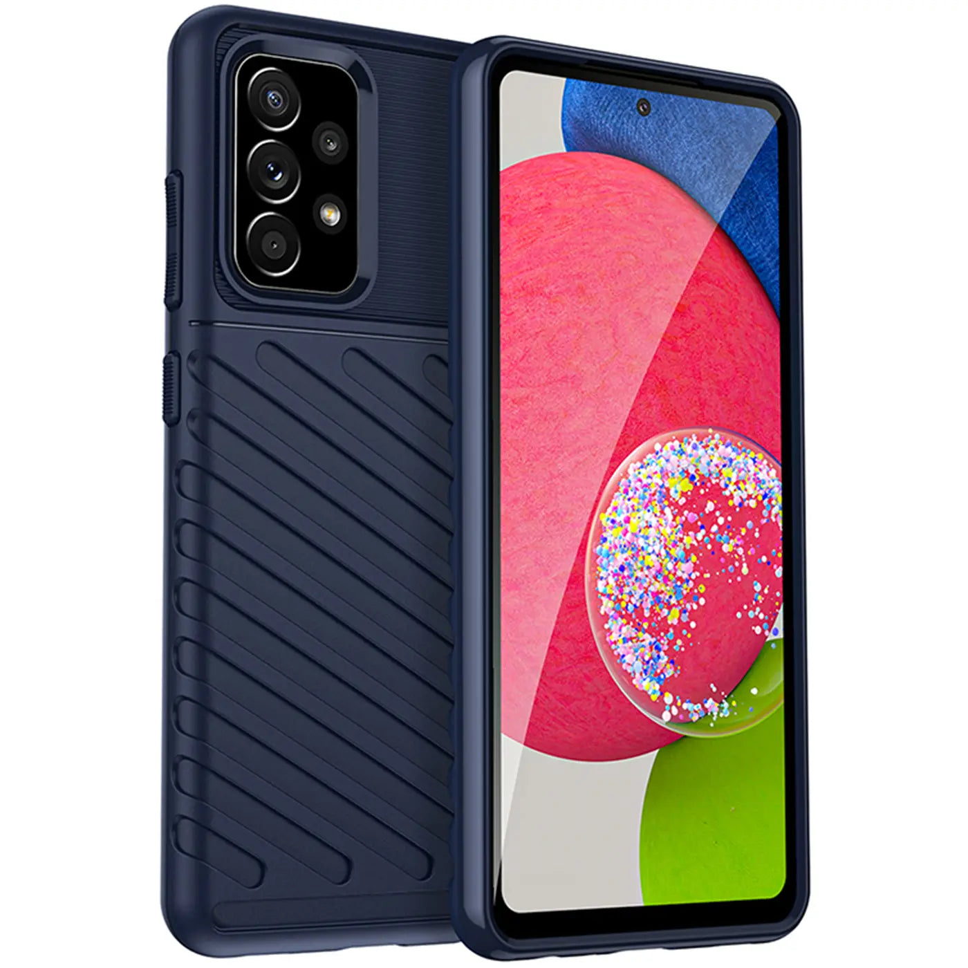 Dunkelblaue Handyhülle aus Kunststoff, schräg von links, zeigt Samsung Galaxy A52.