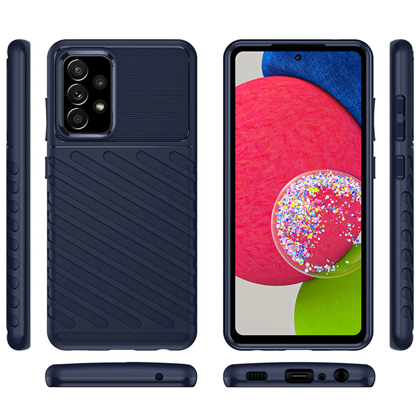 Dunkelblaue Handyhülle aus Gummi, Vorder-/Rück-/Seitenansicht, zeigt Samsung Galaxy A52