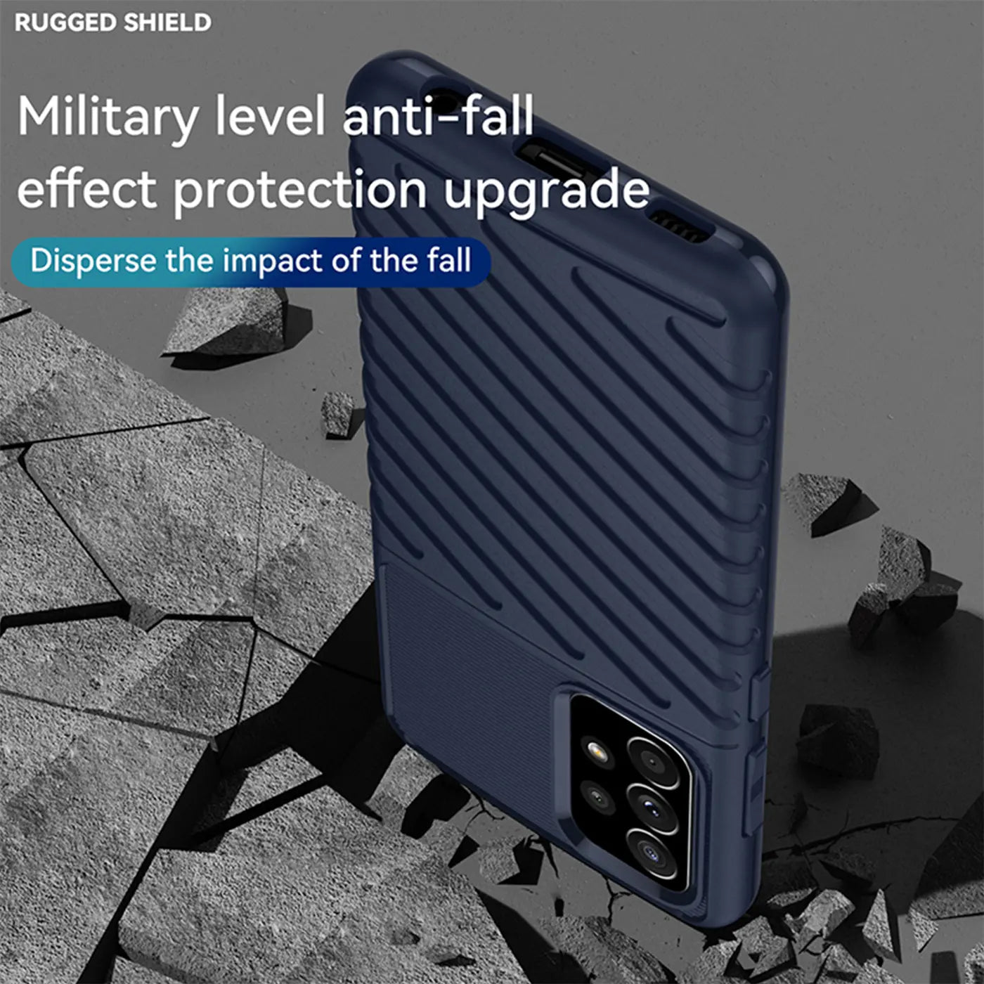 Dunkelblaue Handyhülle aus Kunststoff, schräg von oben, zeigt Rückseite eines Samsung Galaxy A52.