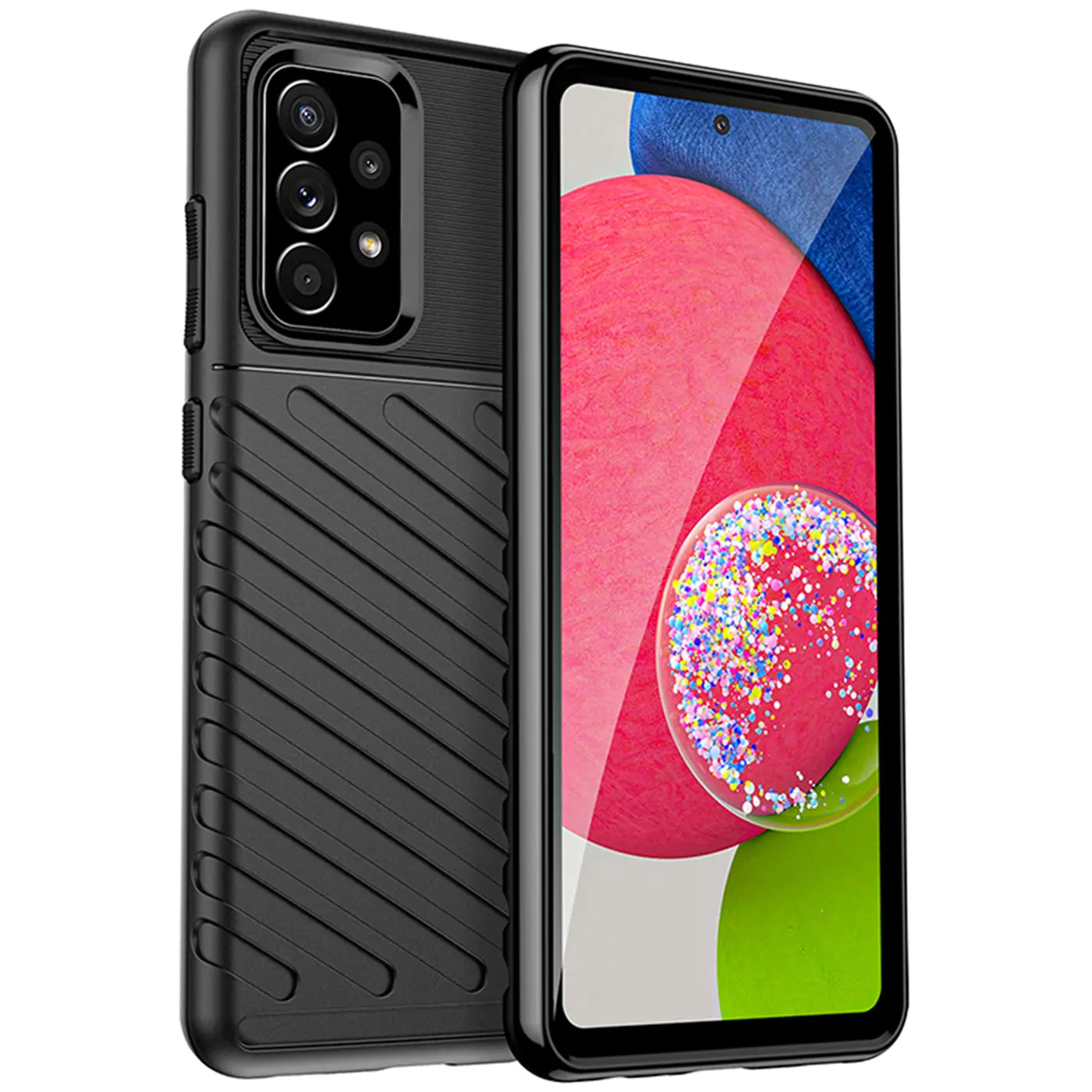 Schwarze Handyhülle aus Gummi, schräg von vorne, mit Samsung Galaxy A52.
