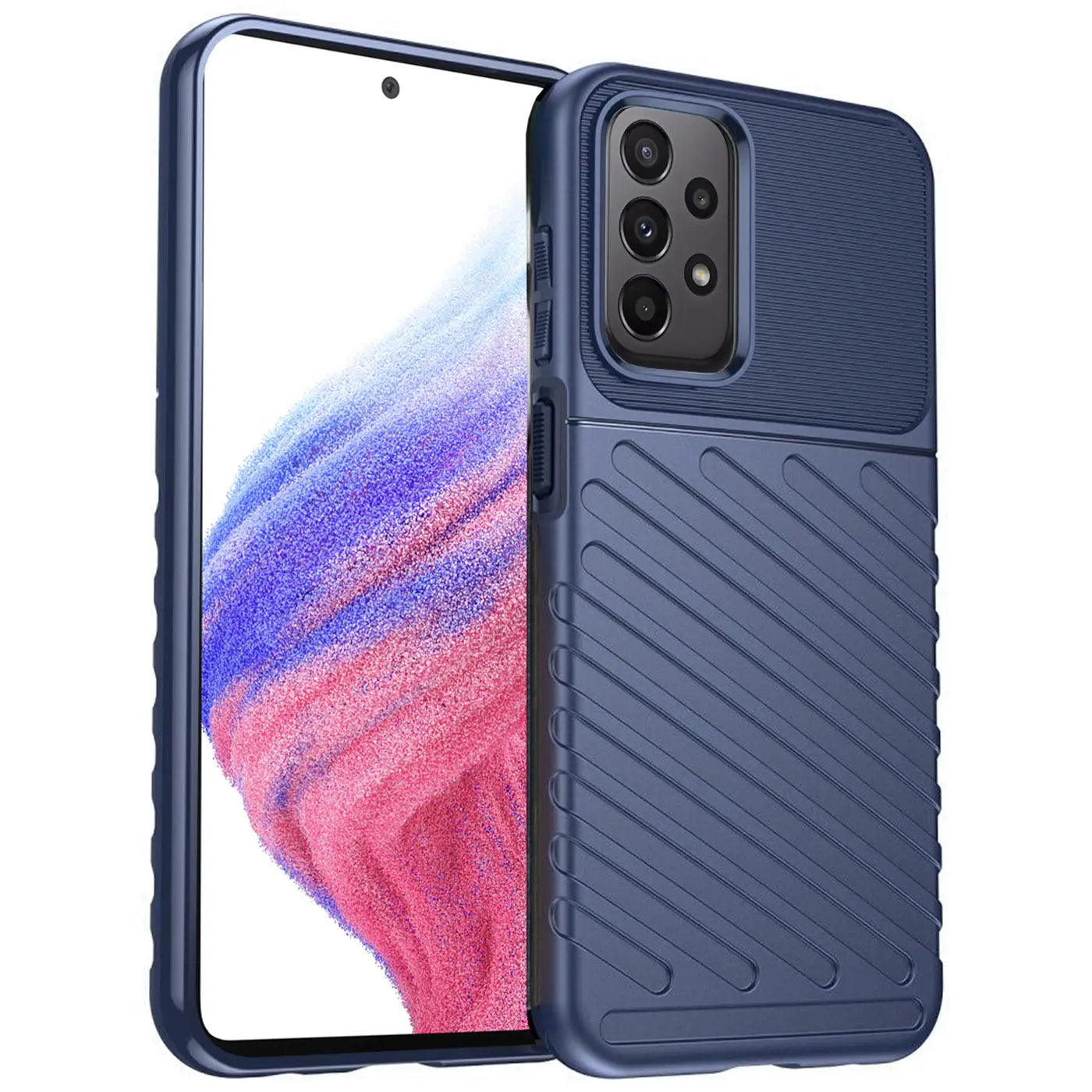 Dunkelblaue Hülle aus Kunststoff mit Rillenmuster, seitliche Ansicht, Samsung Galaxy A53 5G.
