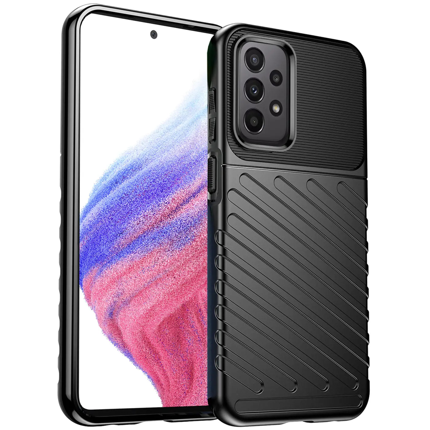 Schwarze, stoßfeste Hülle aus Kunststoff mit Rillenmuster, seitliche Ansicht, Samsung Galaxy A53 5G.