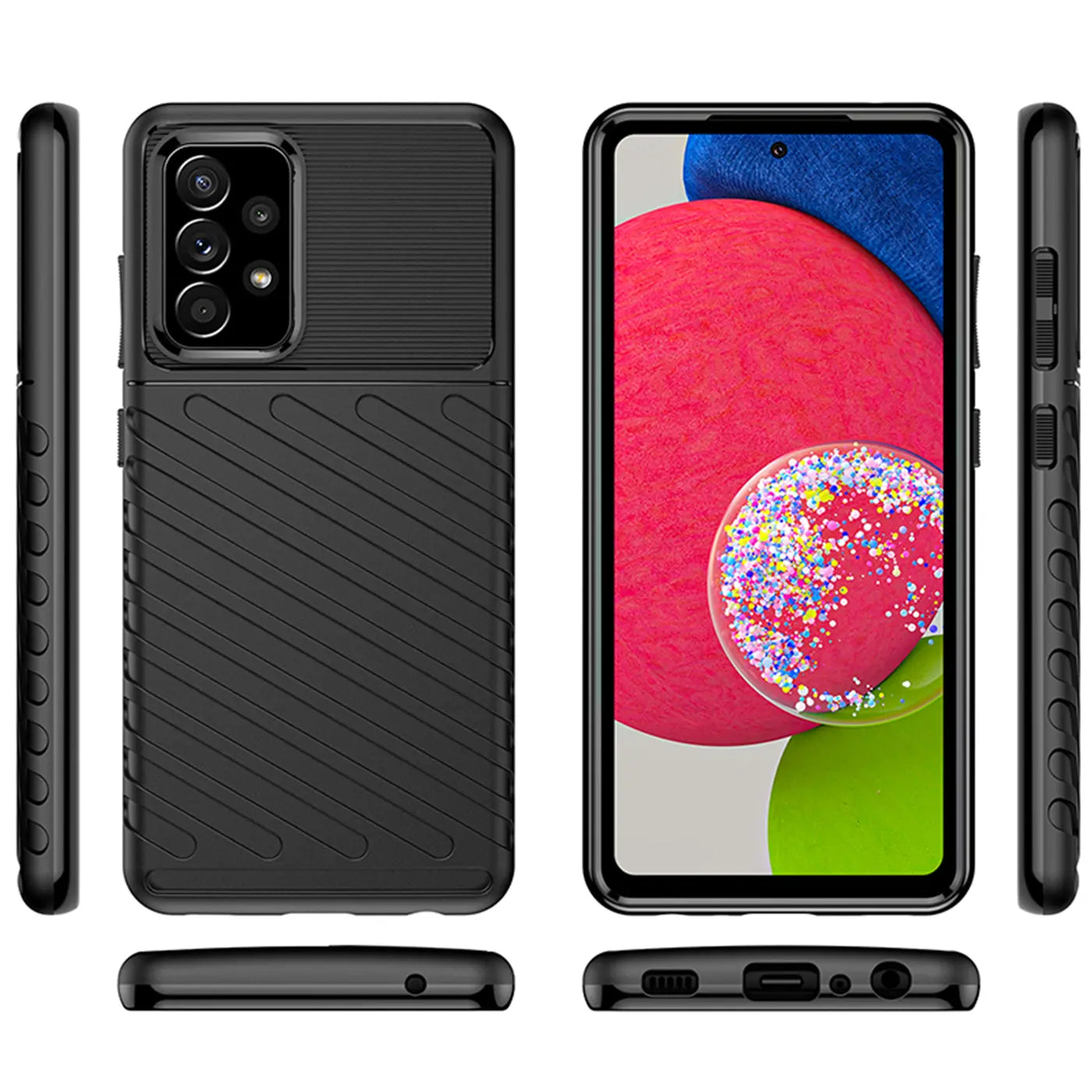 Schwarze Handyhülle aus Gummi für Samsung Galaxy A53 5G, Rückansicht, Vorderansicht, Seitenansichten.