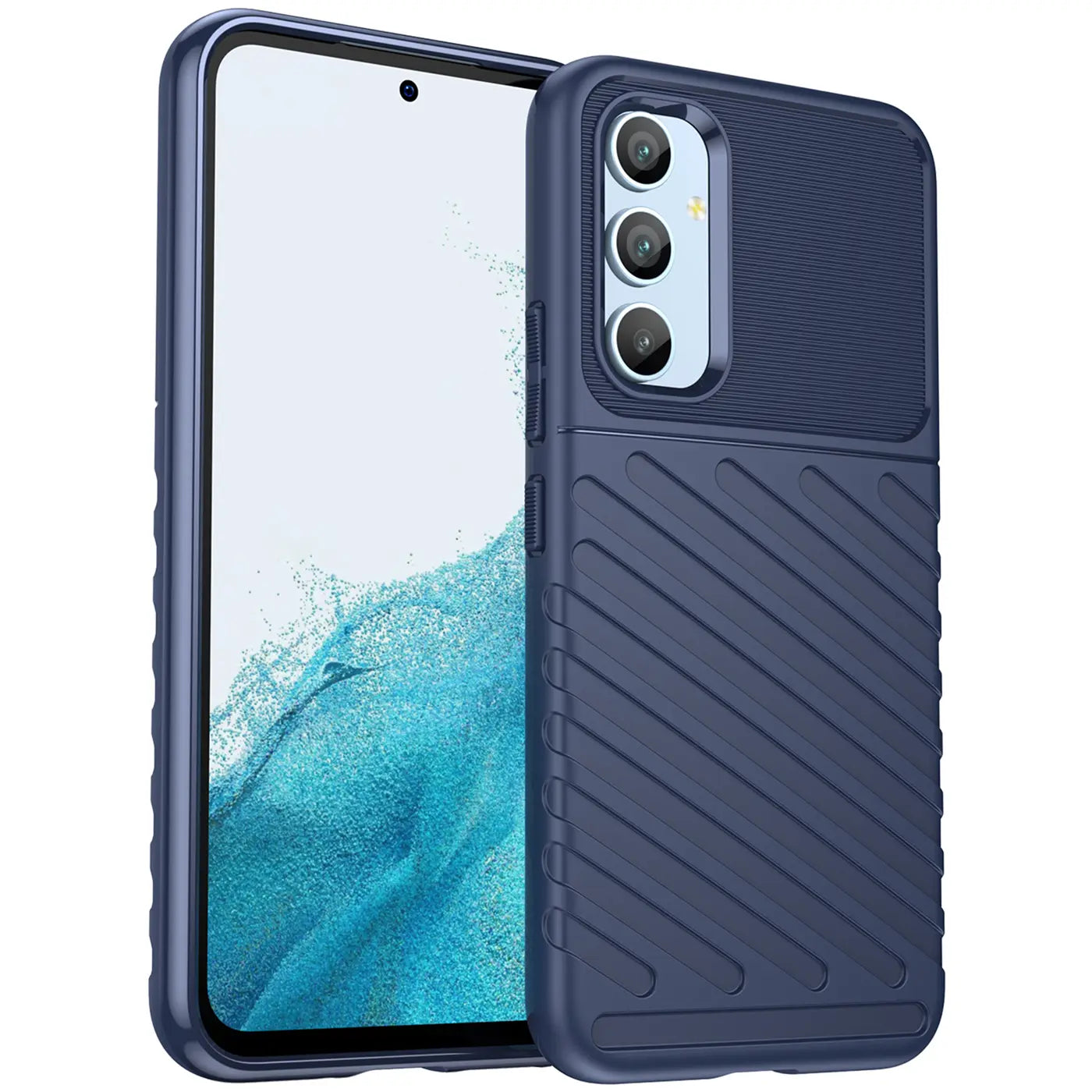 Dunkelblaue Hülle aus Gummi für Samsung Galaxy A54 5G, von vorne schräg gezeigt.