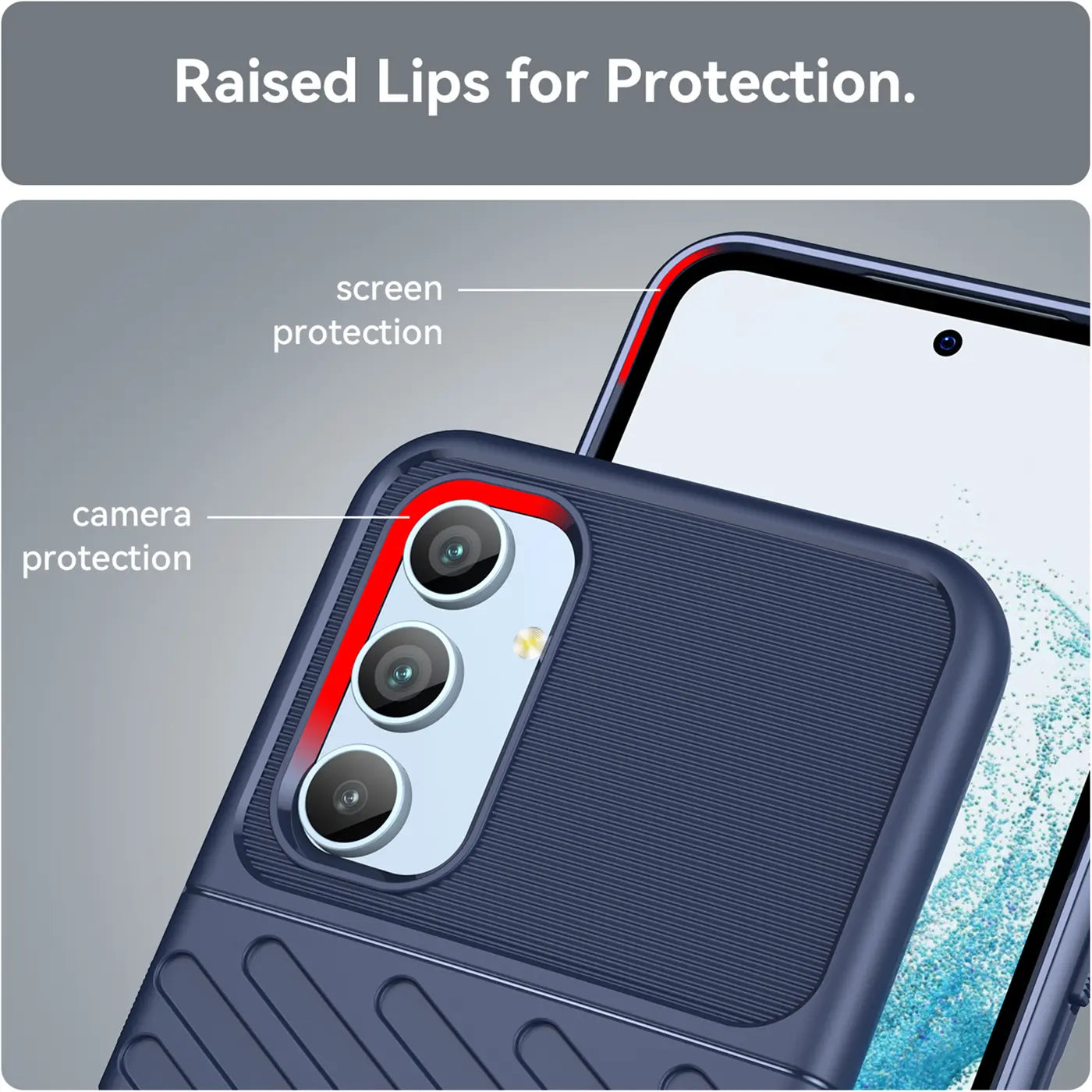 Dunkelblaue Handyhülle aus Kunststoff, Nahaufnahme, zeigt Kamera- und Displayschutz des Samsung Galaxy A54 5G.