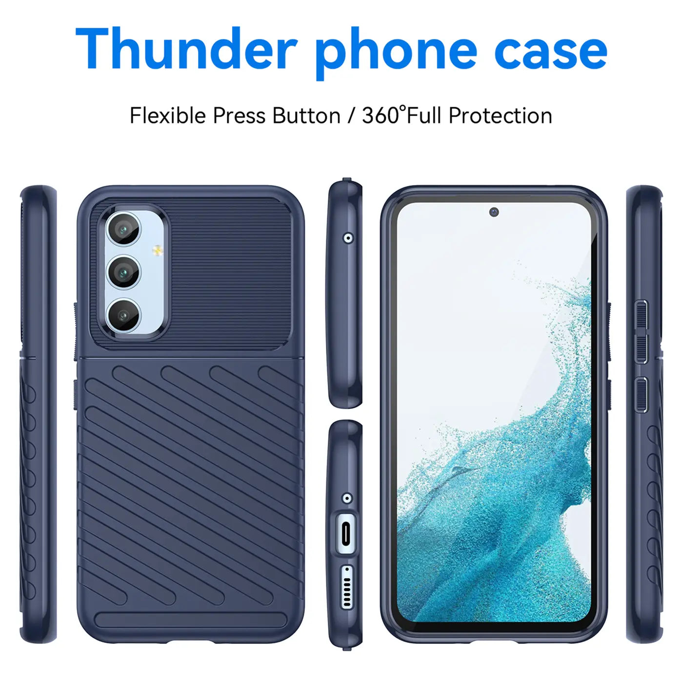 Dunkelblaue Handyhülle aus Kunststoff, verschiedene Ansichten, mit Samsung Galaxy A54 5G.