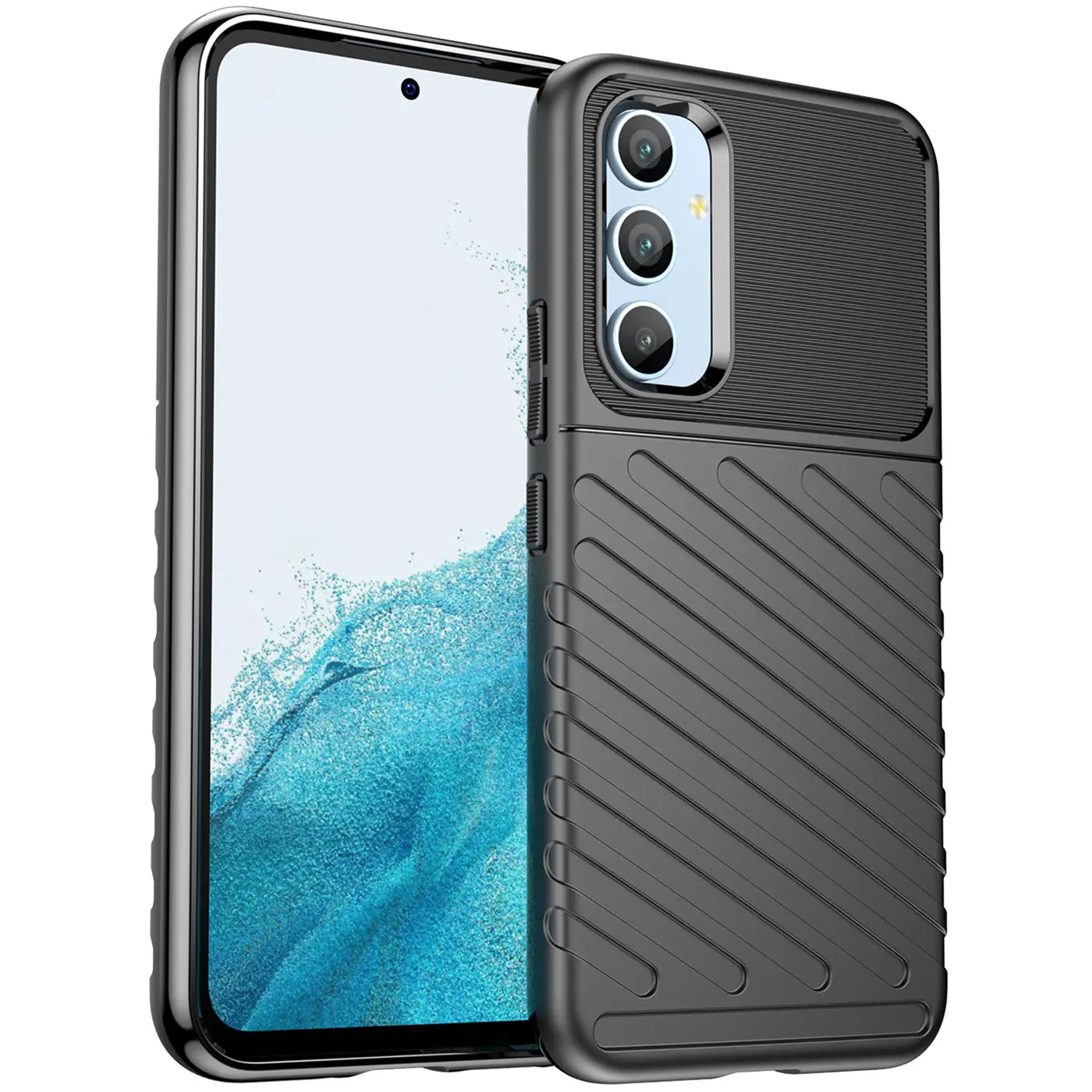 Dunkelgraue Hülle aus Kunststoff mit Rillenmuster, von vorne rechts, Samsung Galaxy A54 5G.