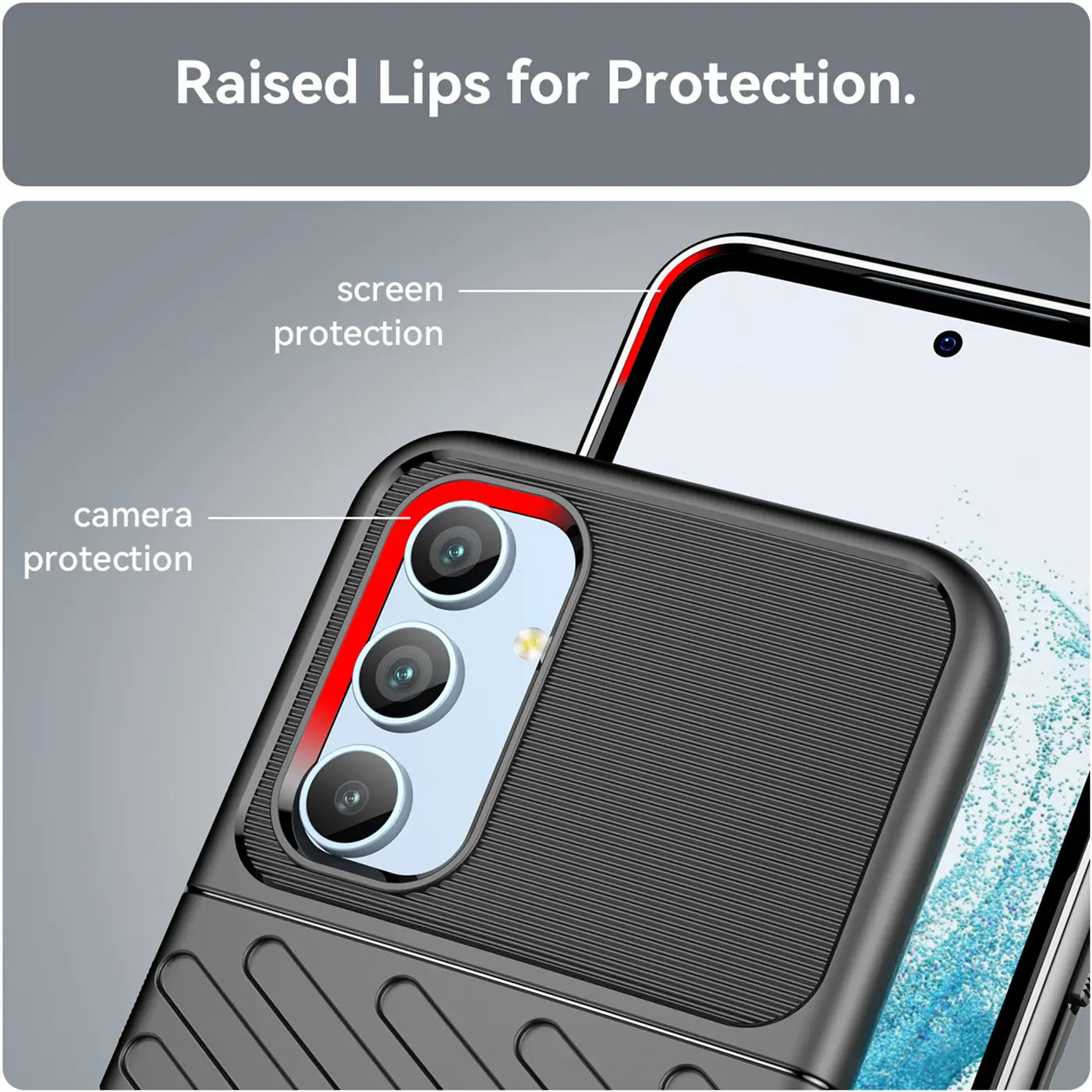 Schwarze Handyhülle aus Gummi, Nahaufnahme, schützt Samsung Galaxy A54 5G Kameras/Display.