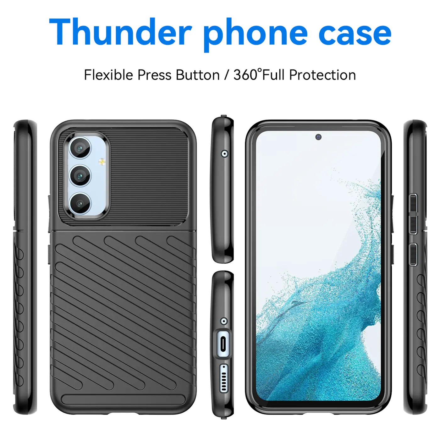 Schwarze Handyhülle aus Kunststoff, Vorder- und Seitenansicht, mit Samsung Galaxy A54 5G.