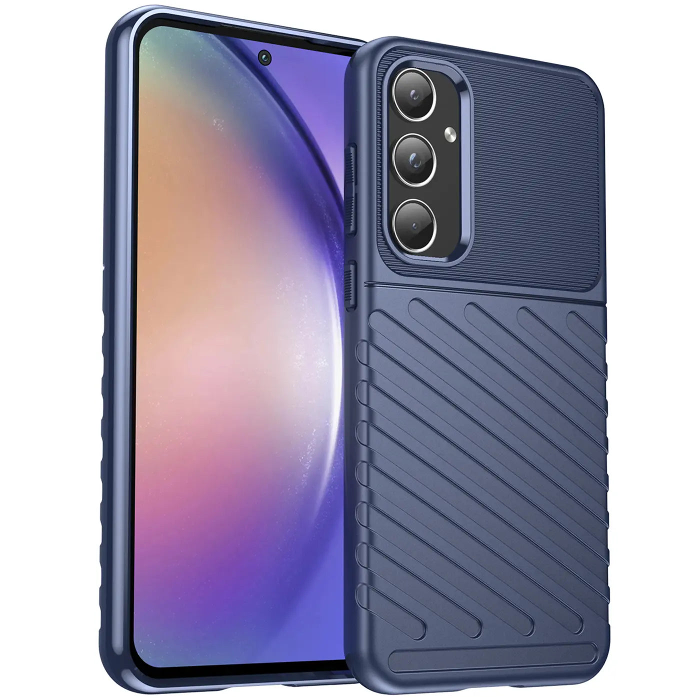 Dunkelblaue Handyhülle aus Kunststoff, schräg von vorne, zeigt Samsung Galaxy A55 5G.