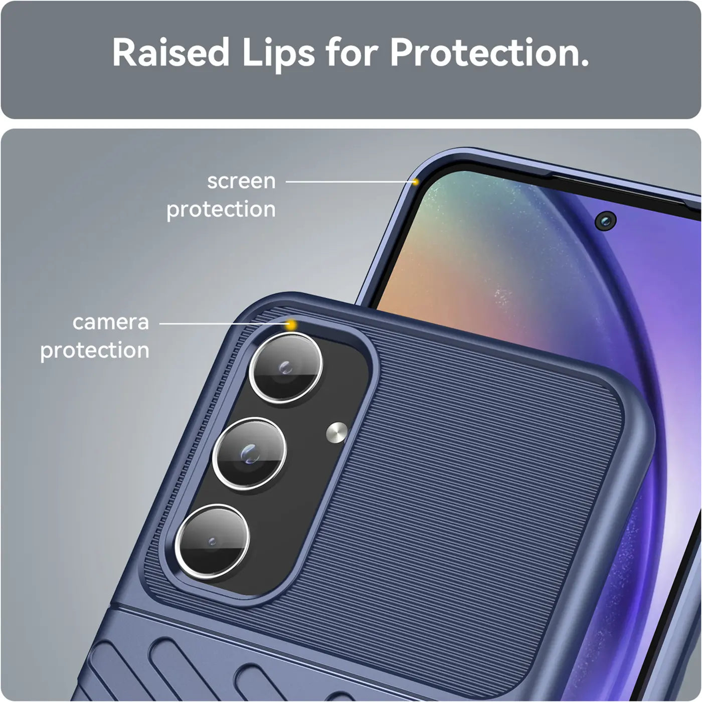 Dunkelblaue Handyhülle aus Kunststoff, Nahaufnahme der Rückseite mit Kamera, Samsung Galaxy A55 5G.