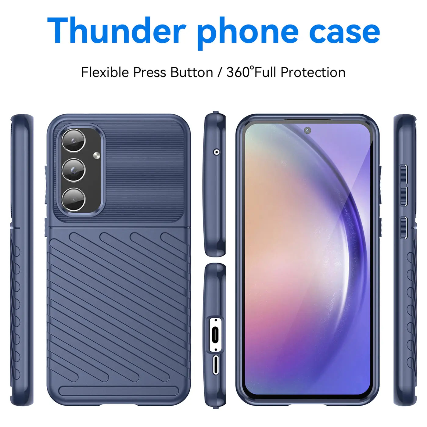 Blaue Handyhülle aus Gummi, Vorder- und Seitenansicht, zeigt Samsung Galaxy A55 5G.