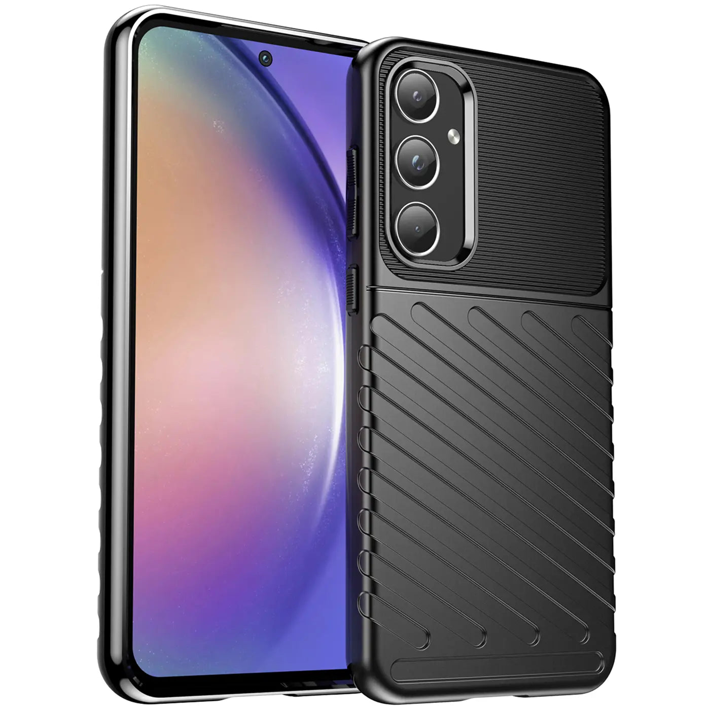 Schwarze Handyhülle aus Kunststoff, seitliche Ansicht, zeigt Samsung Galaxy A55 5G.