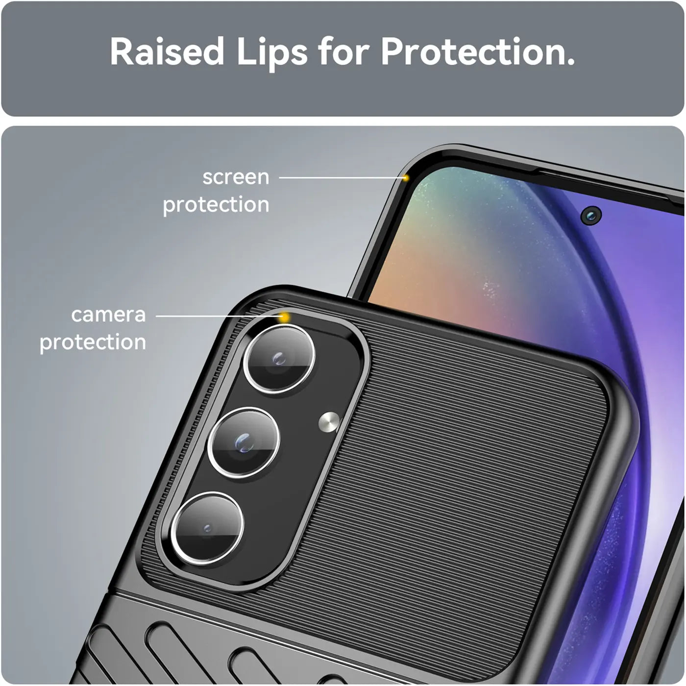 Schwarze Handyhülle aus Kunststoff, Nahaufnahme der Kamera und des Bildschirms des Samsung Galaxy A55 5G.
