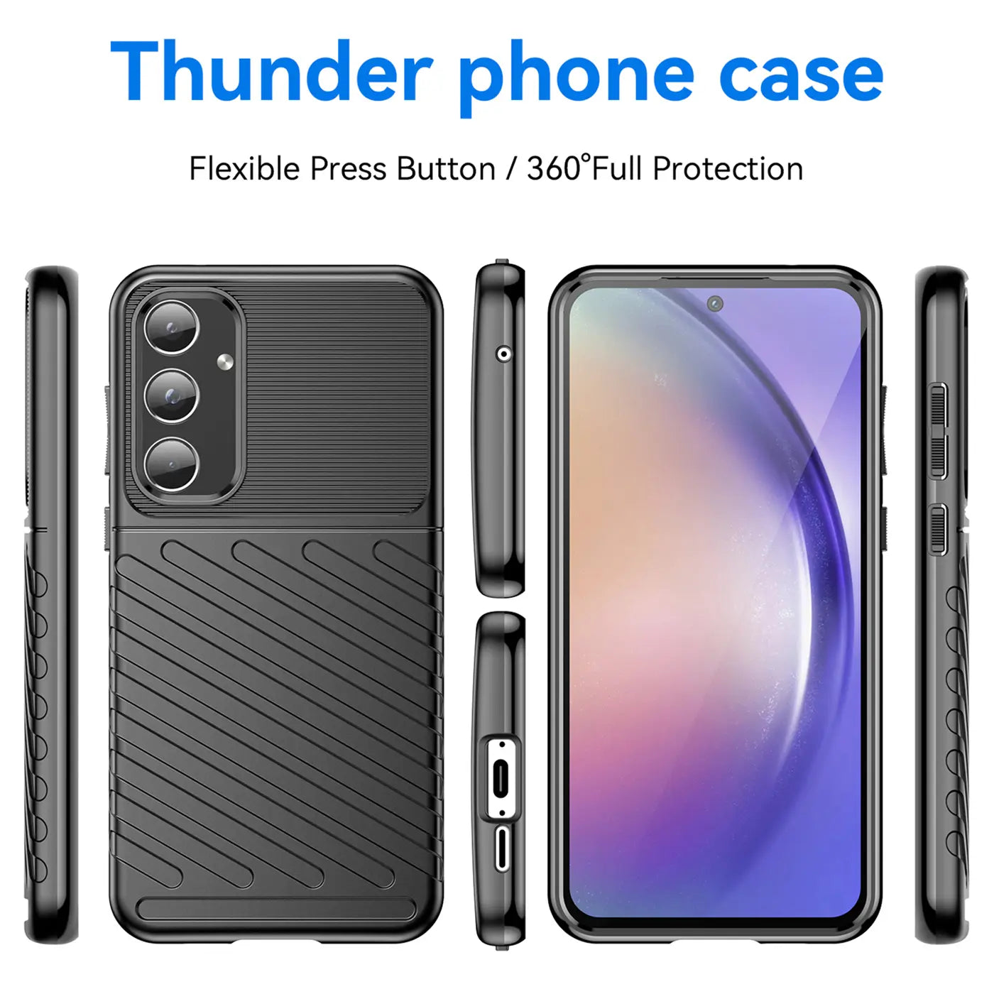 Schwarze Handyhülle aus Gummi für Samsung Galaxy A55 5G, Vorder- und Rückansicht.
