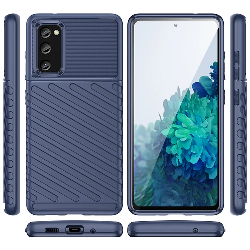 Blaue Hülle aus Gummi für Samsung Galaxy S20 FE, Rückseite und Seitenansicht.