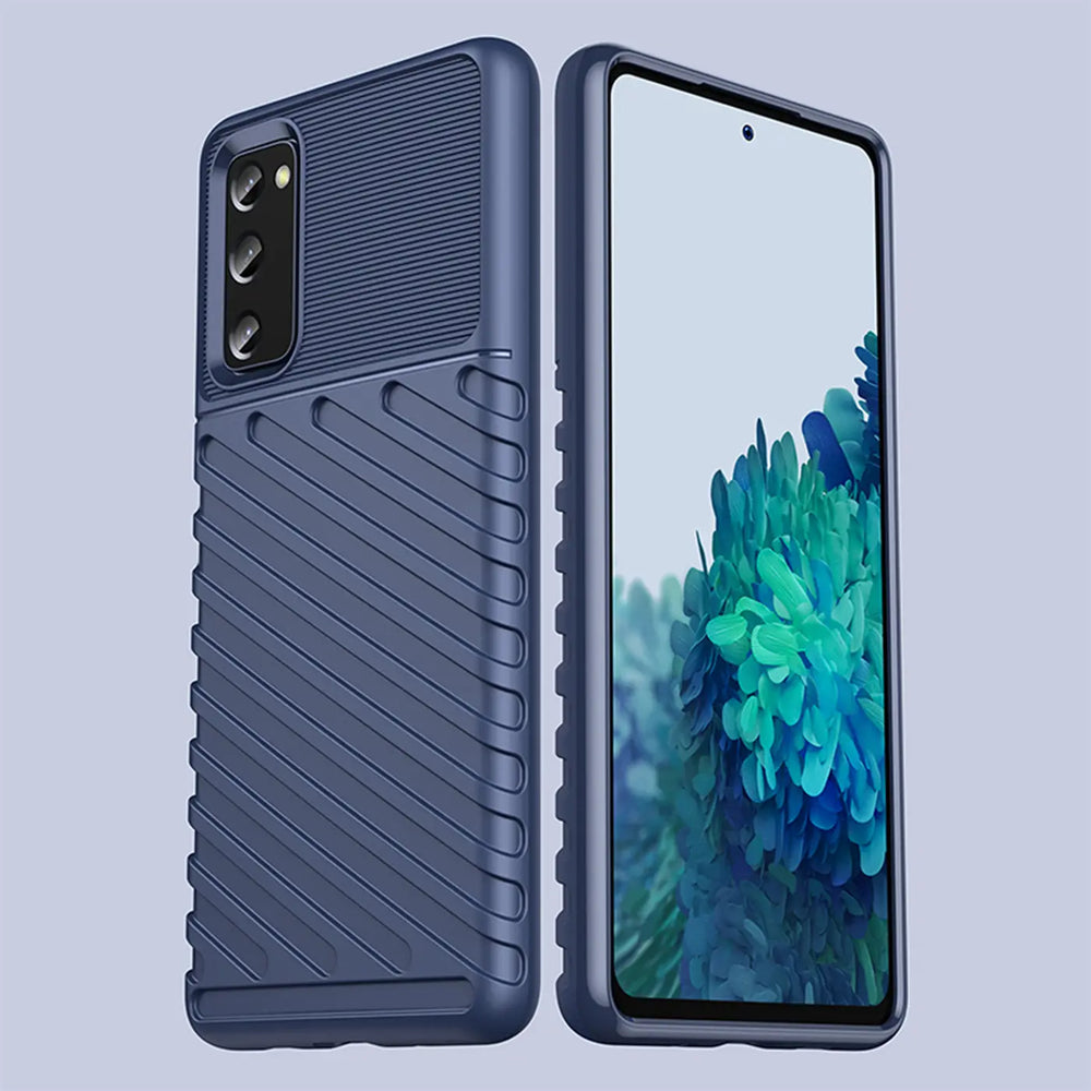 Blaue Hülle aus Gummi für Samsung Galaxy S20 FE, von vorne und Seite gezeigt.