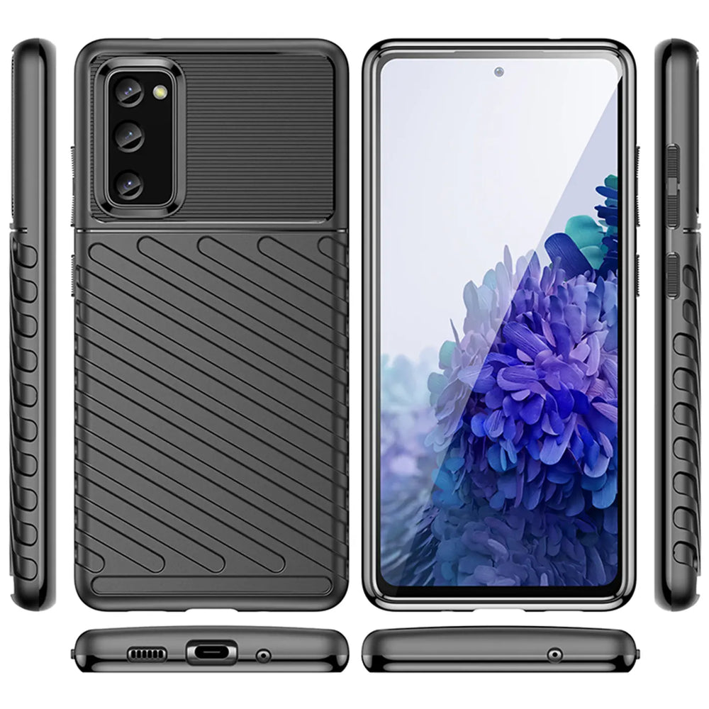 Schwarze Handyhülle aus Kunststoff, Vorder- und Rückansicht, mit Samsung Galaxy S20 FE.