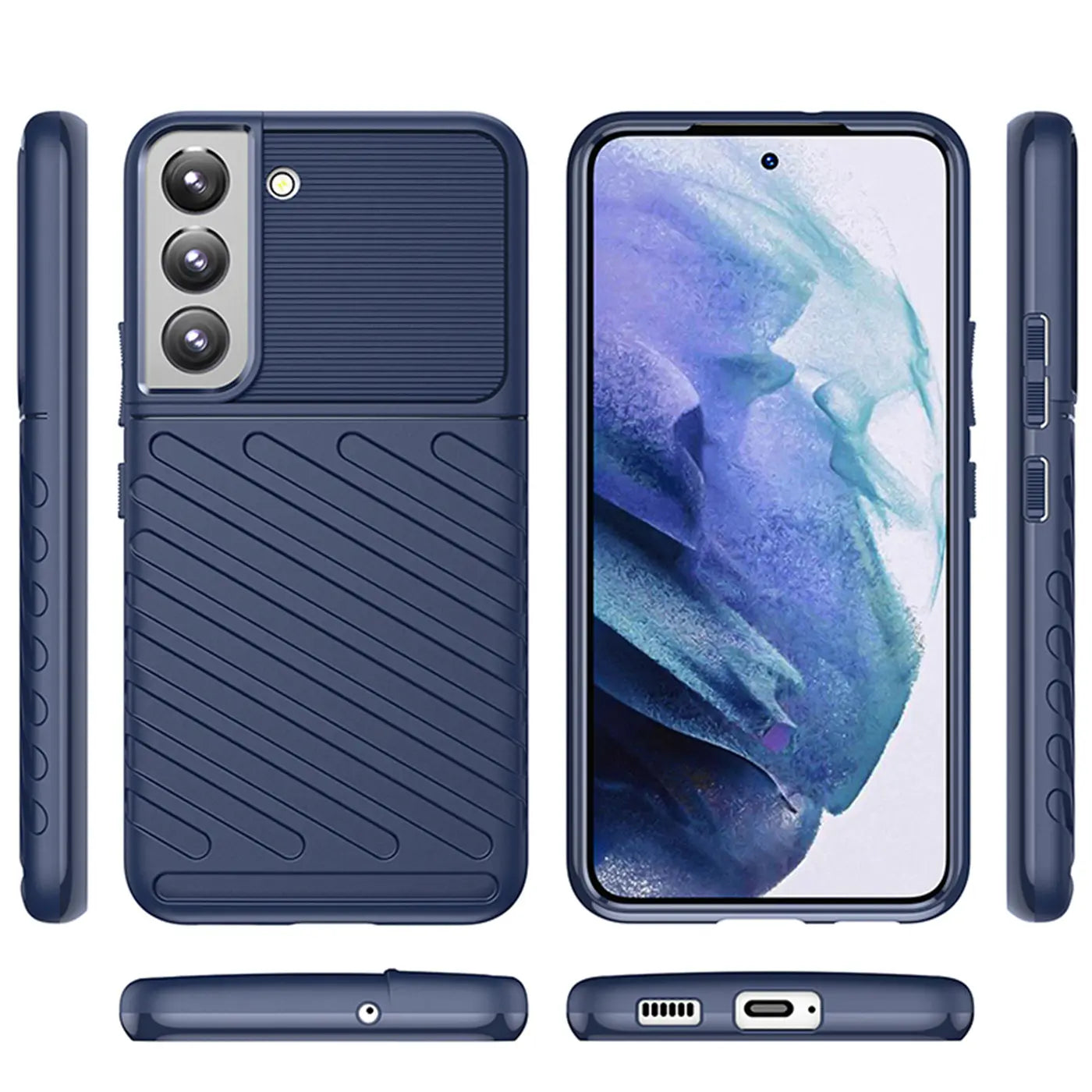 Dunkelblaue Hülle aus Kunststoff für Samsung Galaxy S21, verschiedene Ansichten.