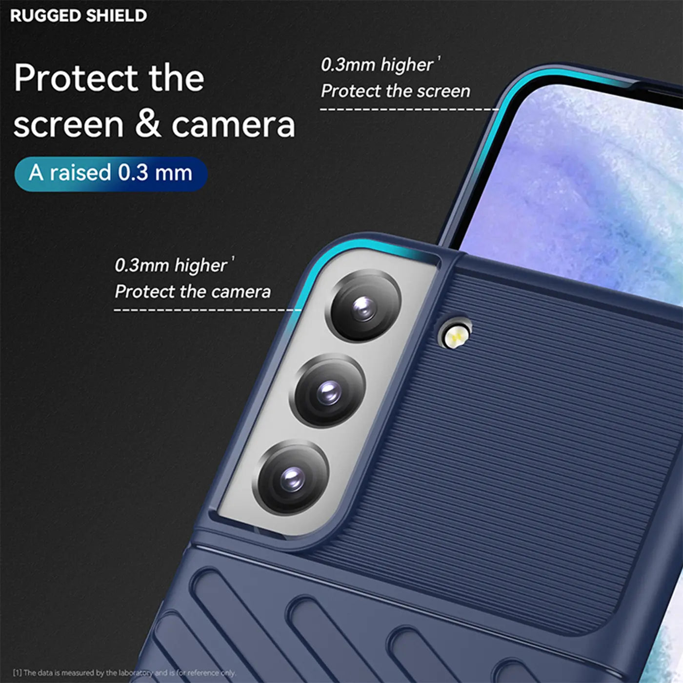 Dunkelblaue Handyhülle aus Kunststoff, Nahaufnahme der Kamera, Samsung S21.