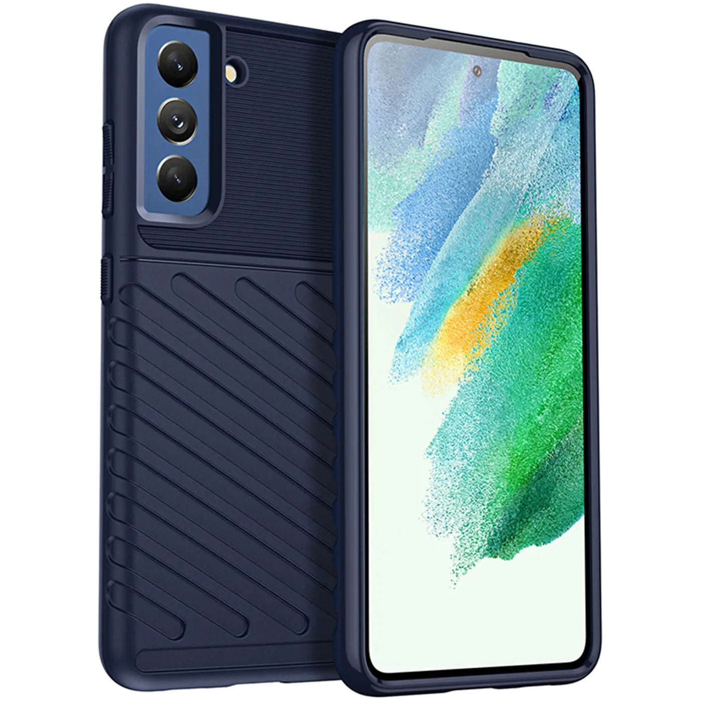 Dunkelblaue Handyhülle aus Kunststoff, schräg von vorne, zeigt Samsung Galaxy S21 FE.