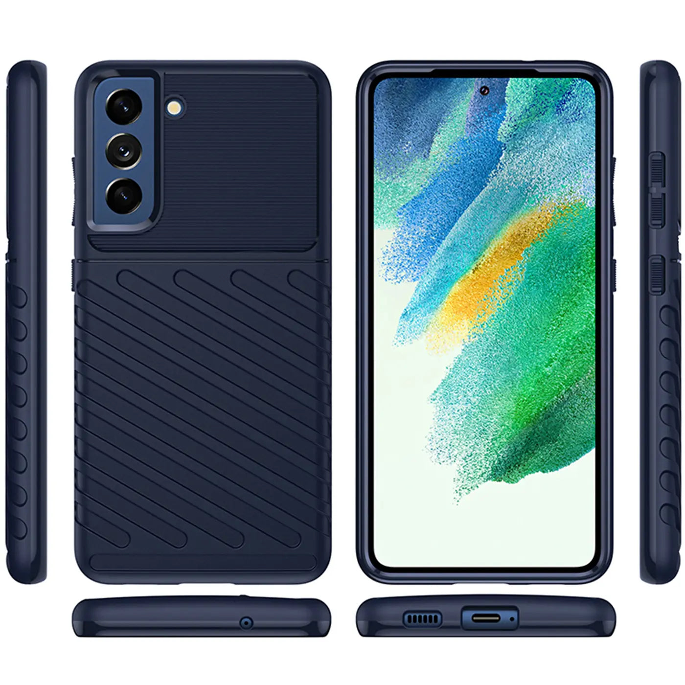 Dunkelblaue Hülle aus Kunststoff für Samsung Galaxy S21 FE, Rückansicht, Vorderansicht, Seitenansichten.