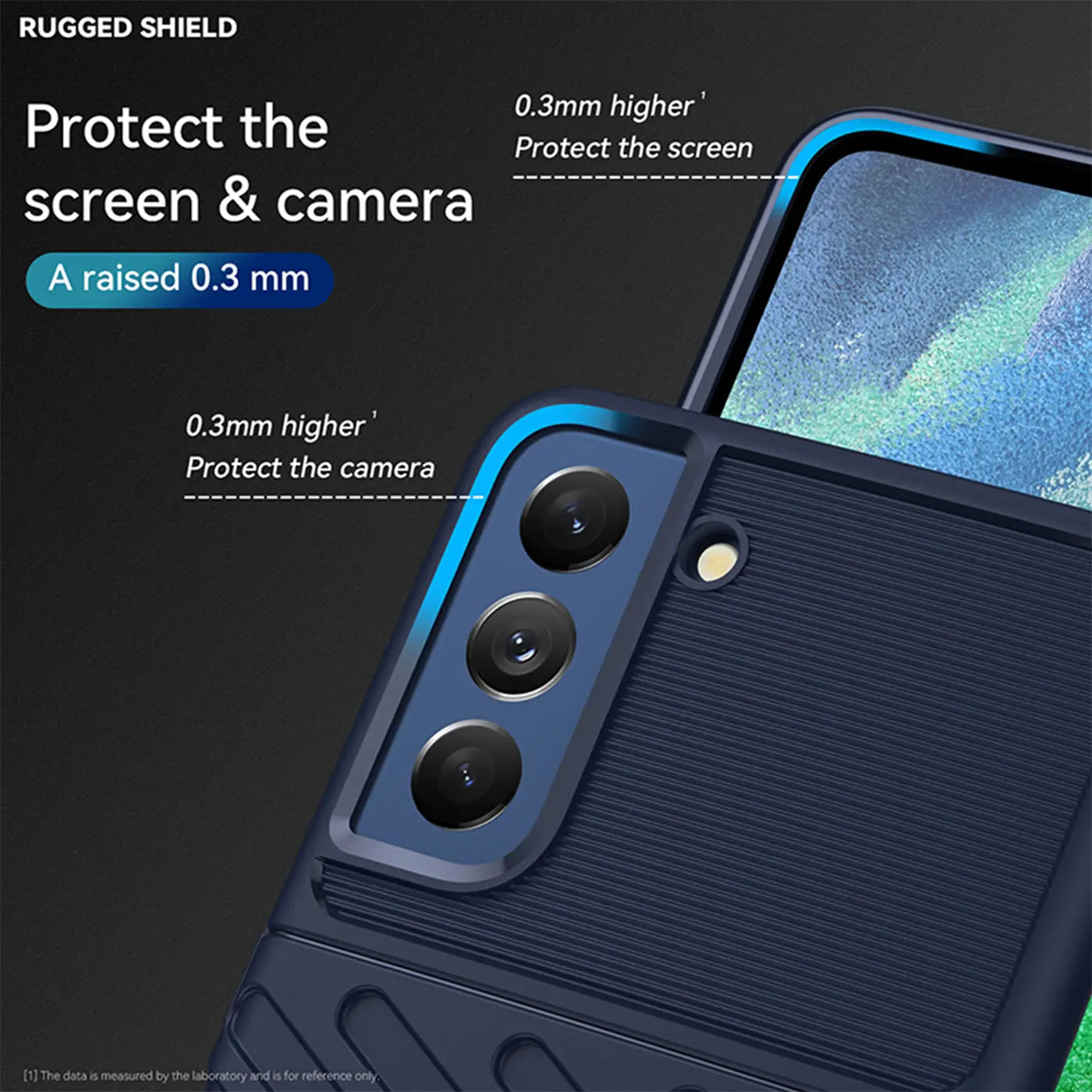 Dunkelblaue Handyhülle aus Kunststoff, Nahaufnahme der Kamera, Samsung S21 FE.