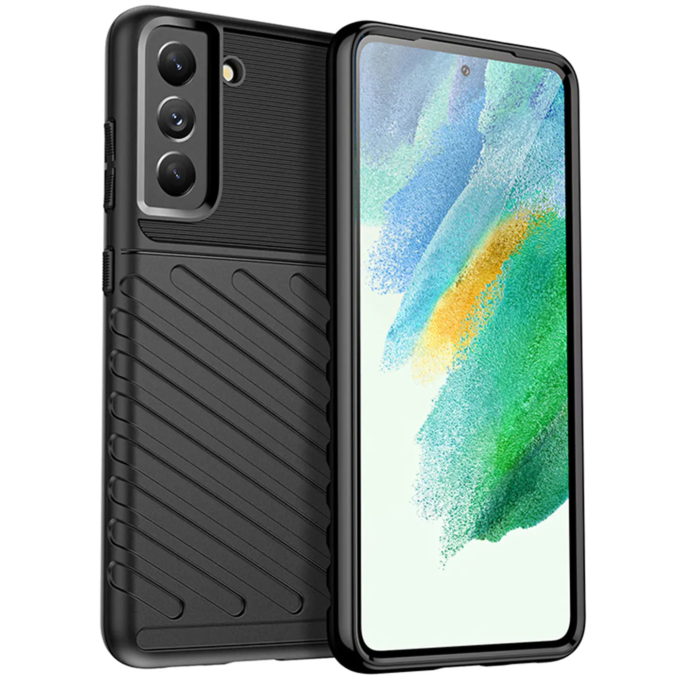 Schwarze Hülle aus Kunststoff für Samsung Galaxy S21 FE, von schräg vorne