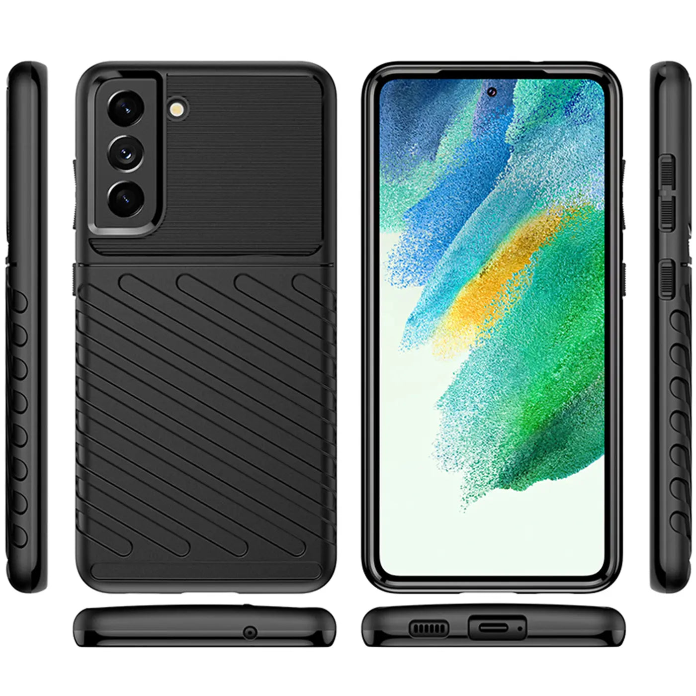 Schwarze Handyhülle aus Kunststoff, verschiedene Ansichten, mit Samsung Galaxy S21 FE
