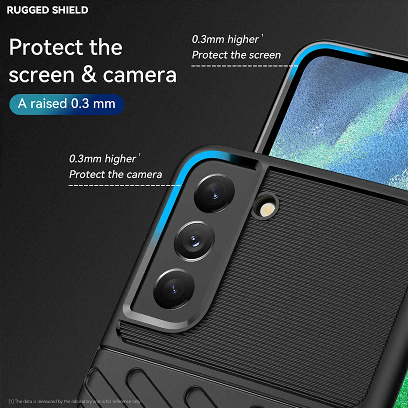 Schwarze, stoßfeste Hülle aus Kunststoff, Nahaufnahme, schützt Samsung S21 FE Kamera & Display.