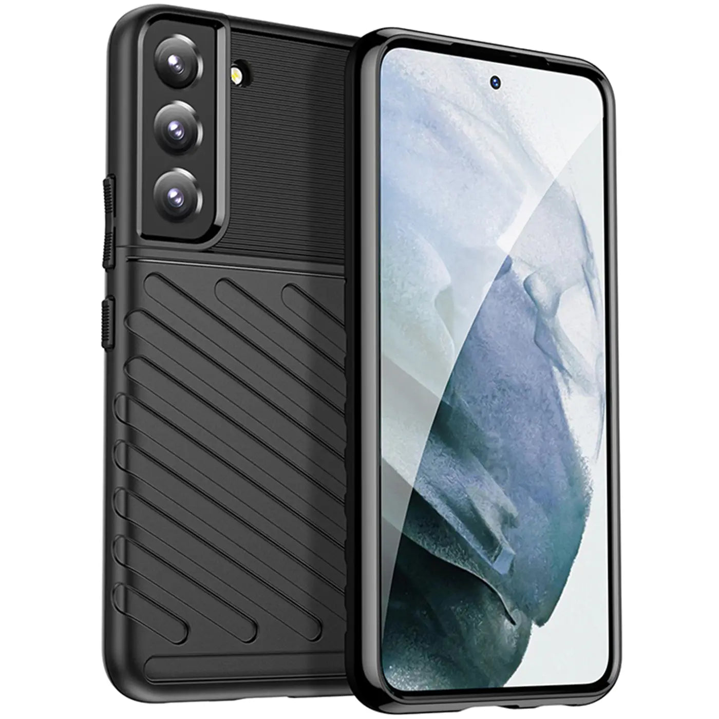 Schwarze Handyhülle aus Gummi für Samsung Galaxy S21, von schräg vorne