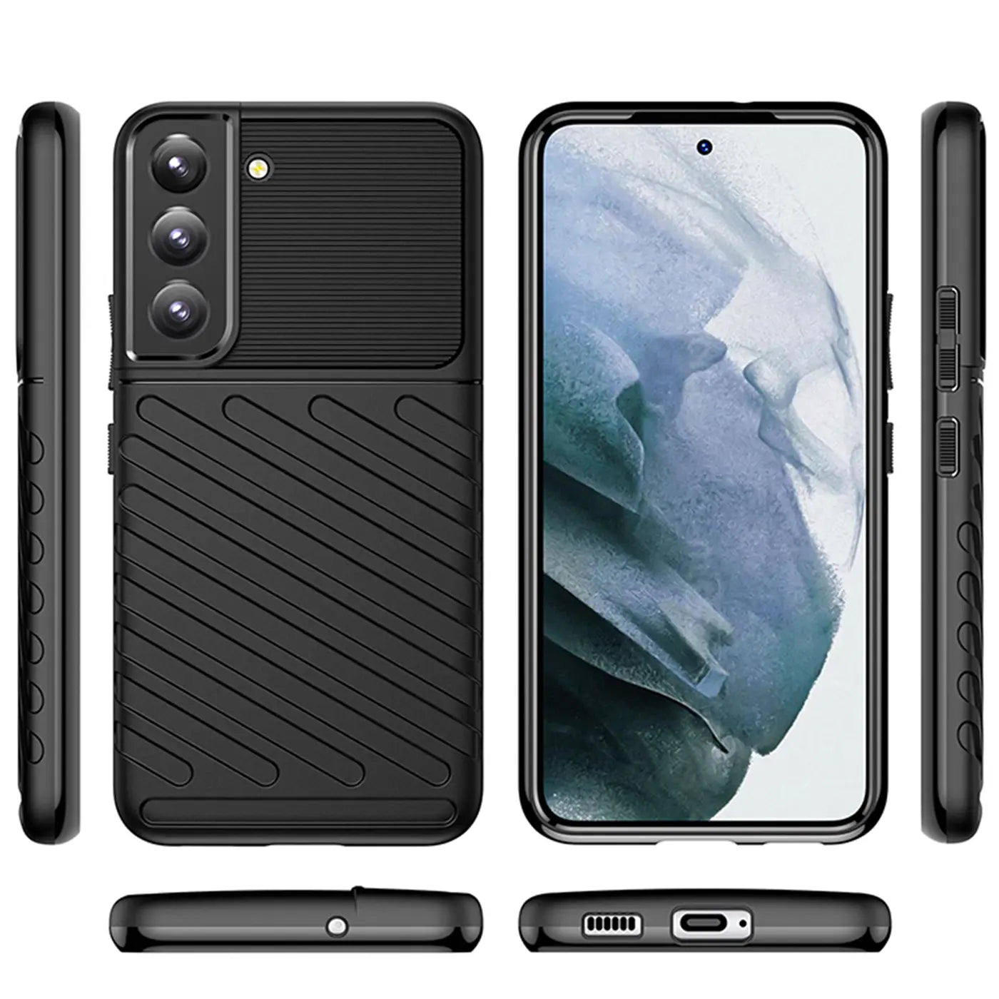 Schwarze Handyhülle aus Gummi für Samsung Galaxy S21, verschiedene Ansichten.