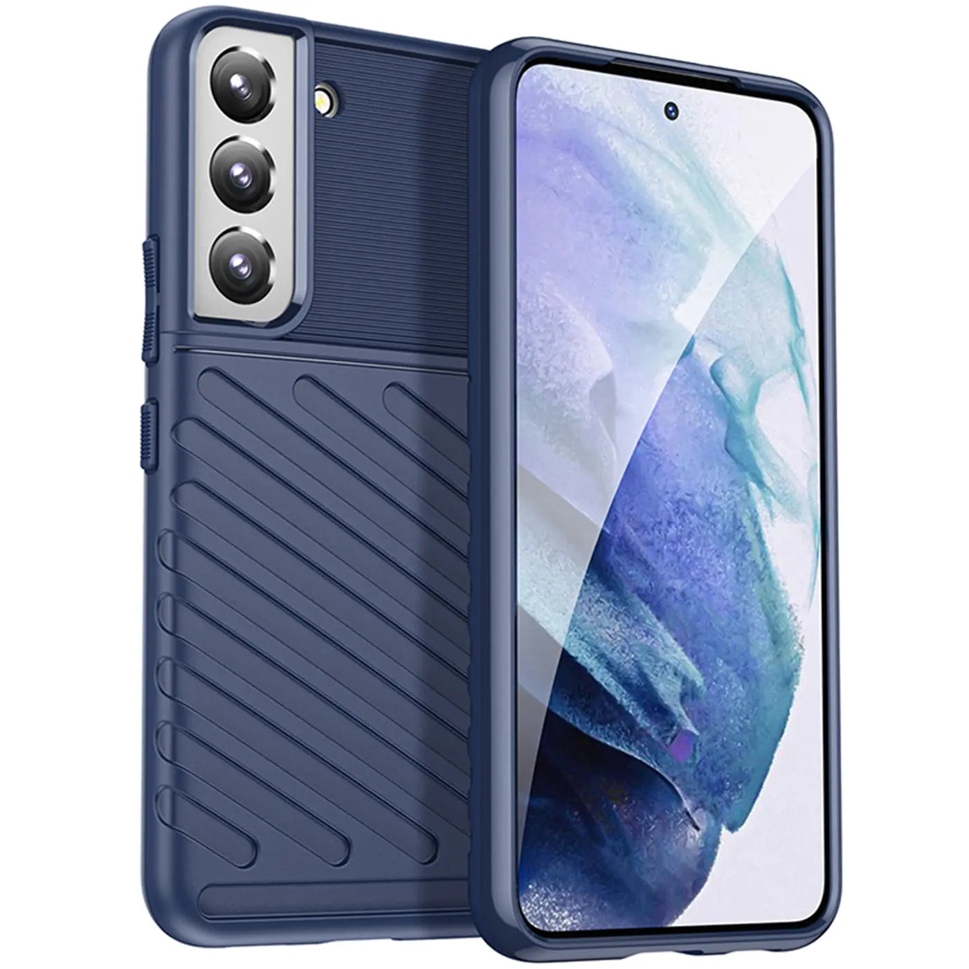 Dunkelblaue Handyhülle aus Kunststoff, schräg von vorne, zeigt Samsung S22.
