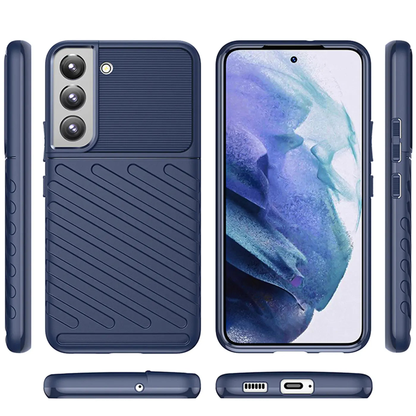 Dunkelblaue Handyhülle aus Kunststoff mit Rillenmuster, zeigt Samsung Galaxy S22 von vorne und hinten.