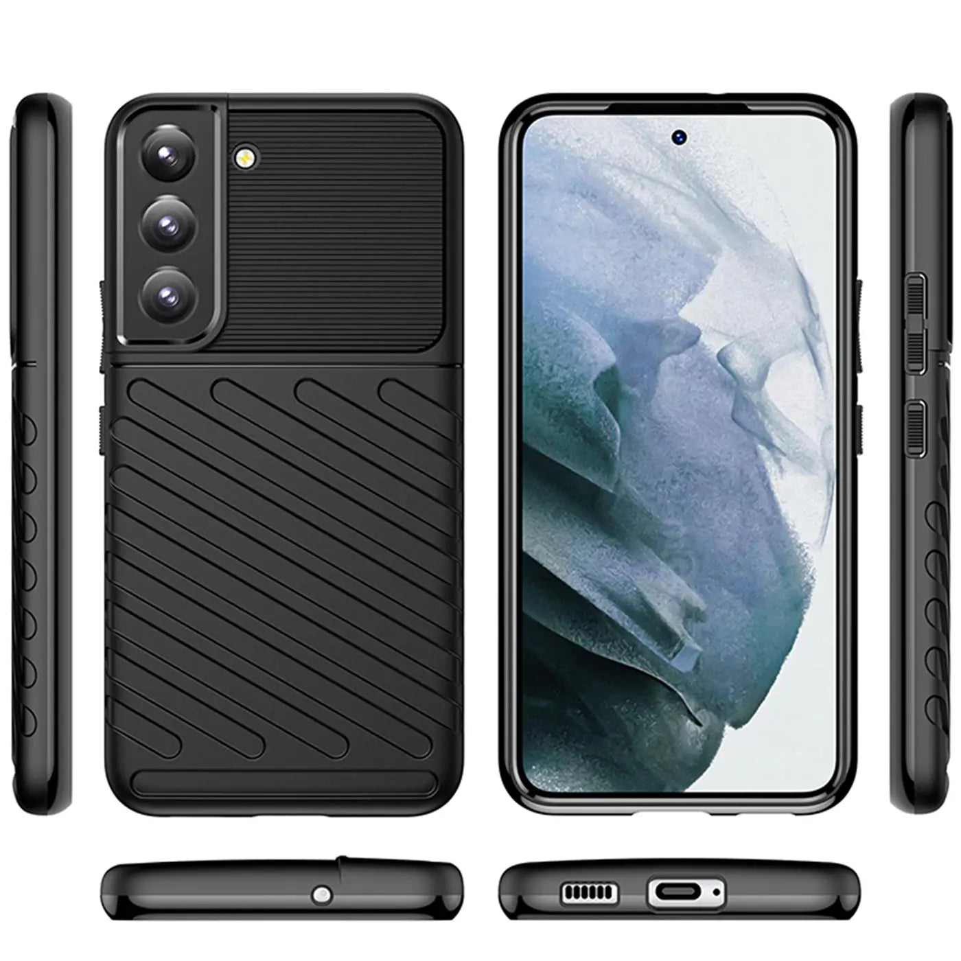 Schwarze Handyhülle aus Kunststoff, Vorder- und Rückansicht, mit Samsung Galaxy S22.