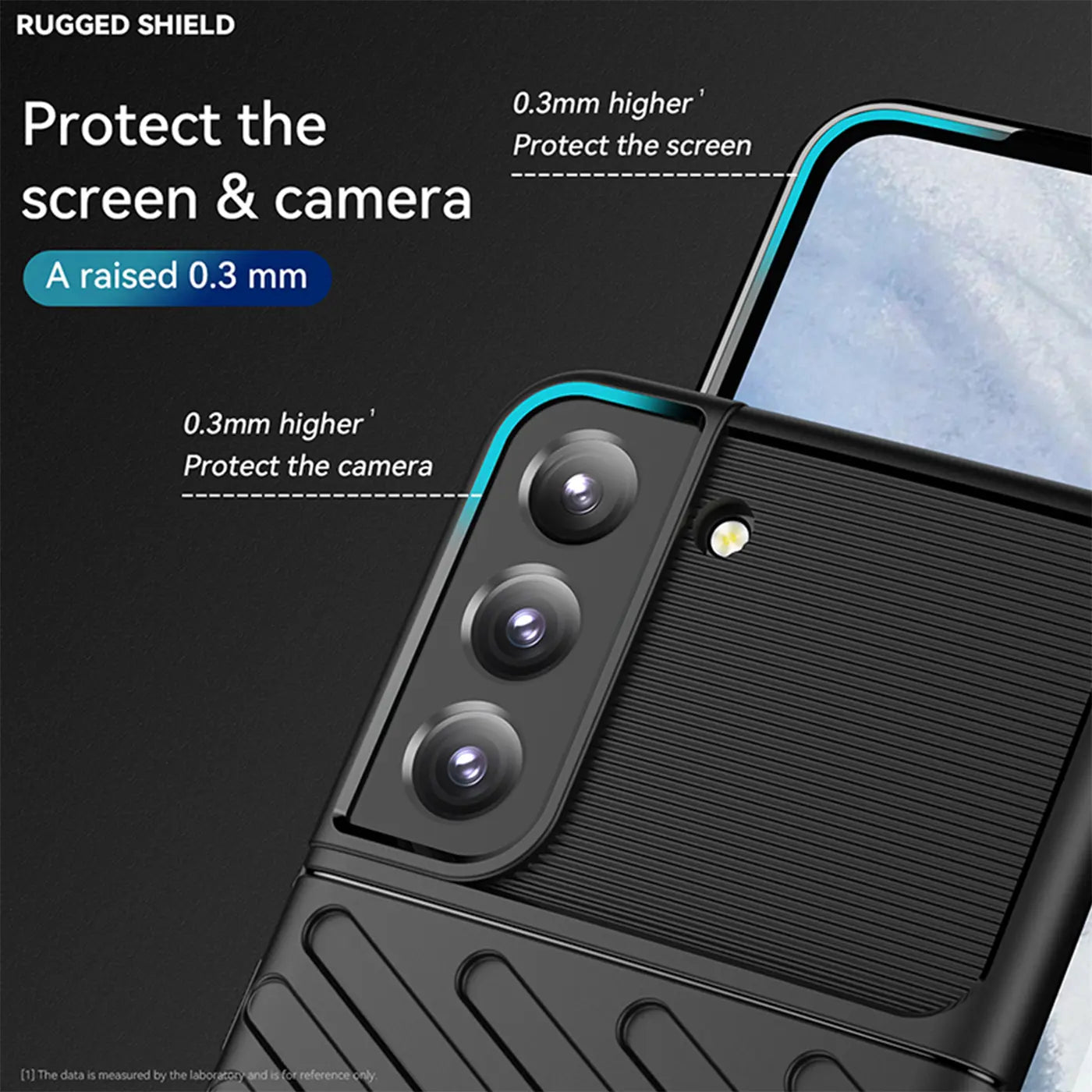 Schwarze Hülle aus Kunststoff, Nahaufnahme der Kamera, Samsung Galaxy S22.