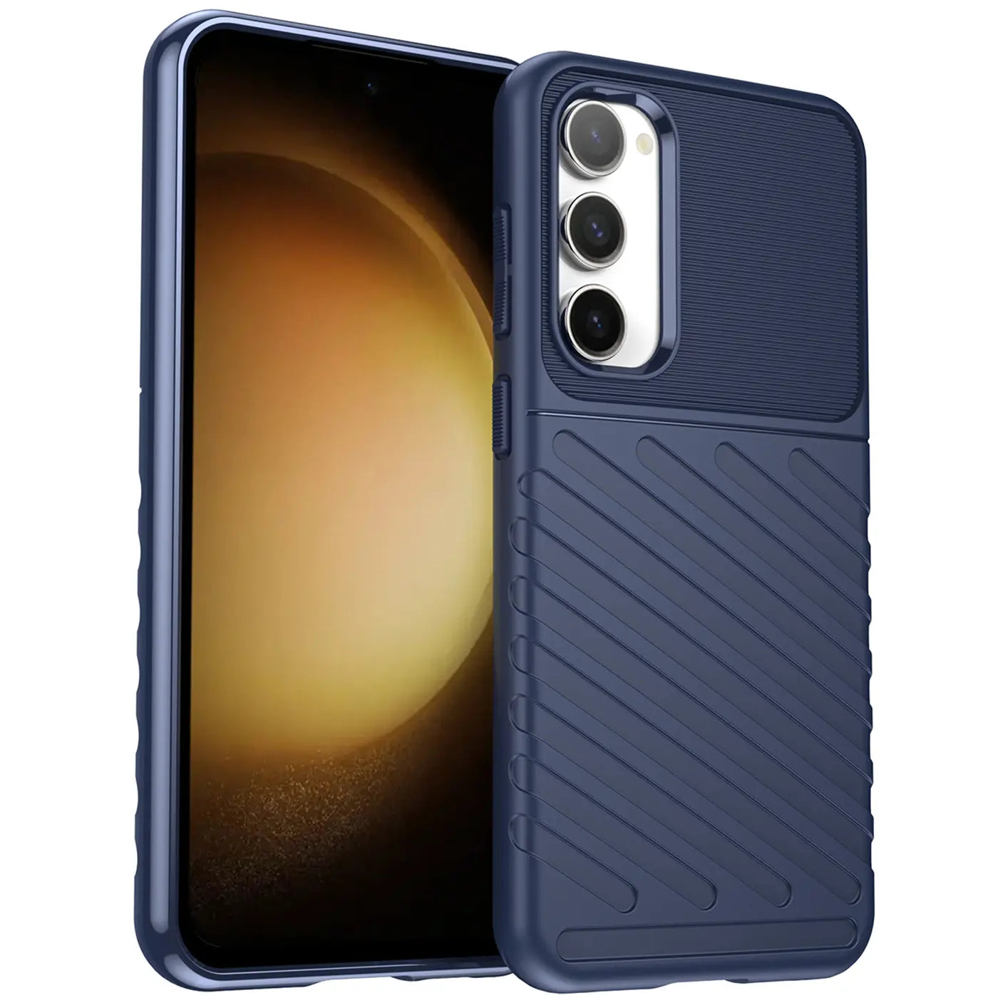 Dunkelblaue Handyhülle aus Kunststoff für Samsung Galaxy S23, Rückansicht.