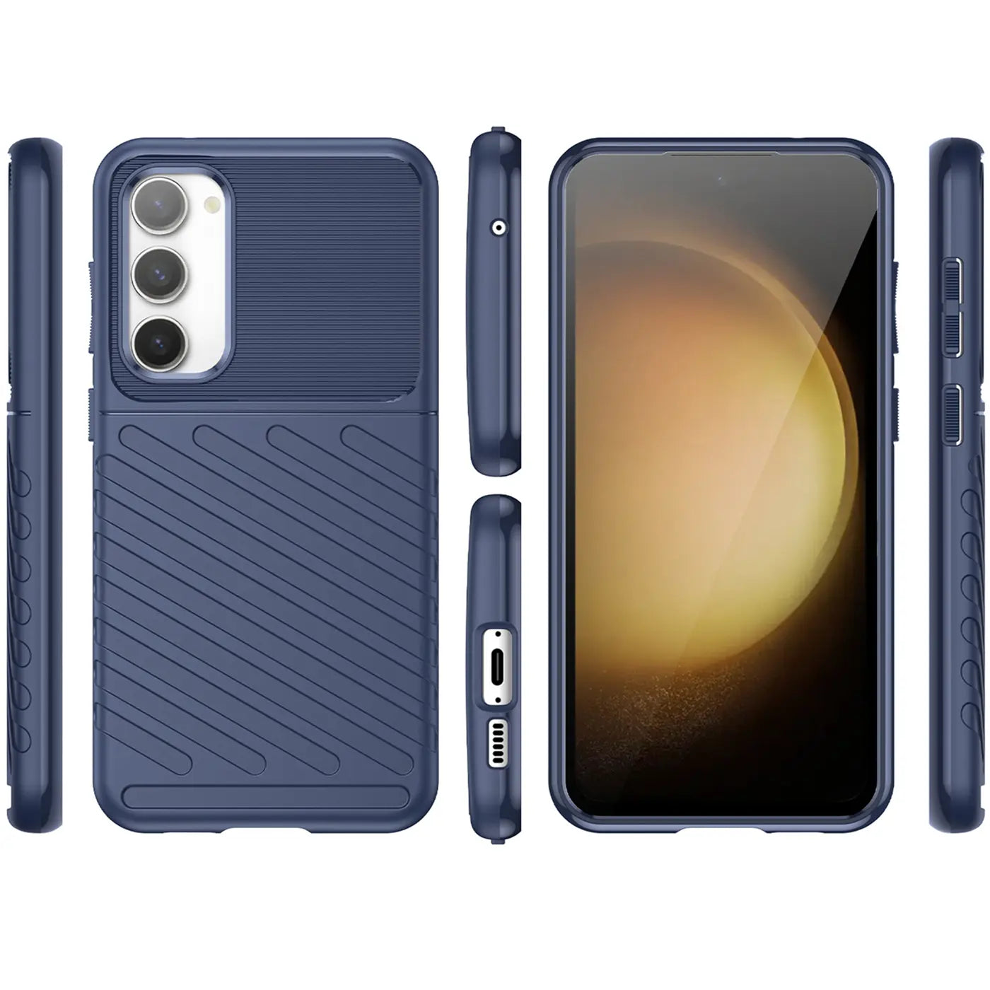 Dunkelblaue Handyhülle aus Kunststoff, verschiedene Ansichten, mit Samsung Galaxy S23